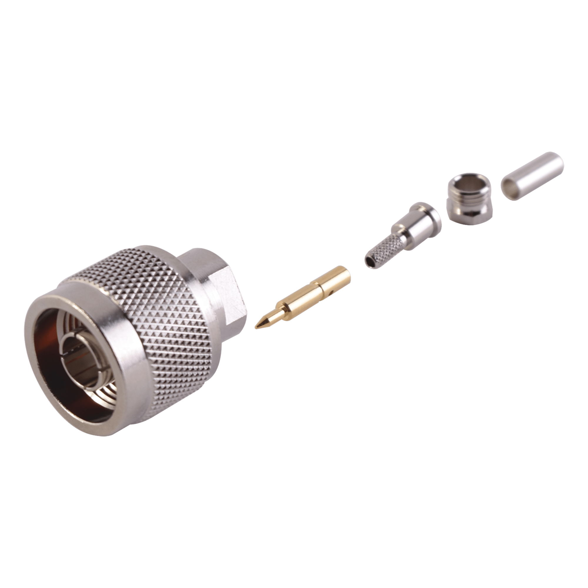 Conector Coaxial N Macho / Anillo Plegable / RG-174/U, Belden 8216 / Bronce Niquelado / Contacto Oro — RF INDUSTRIES,LTD · SKU RFN-1005-B-03
