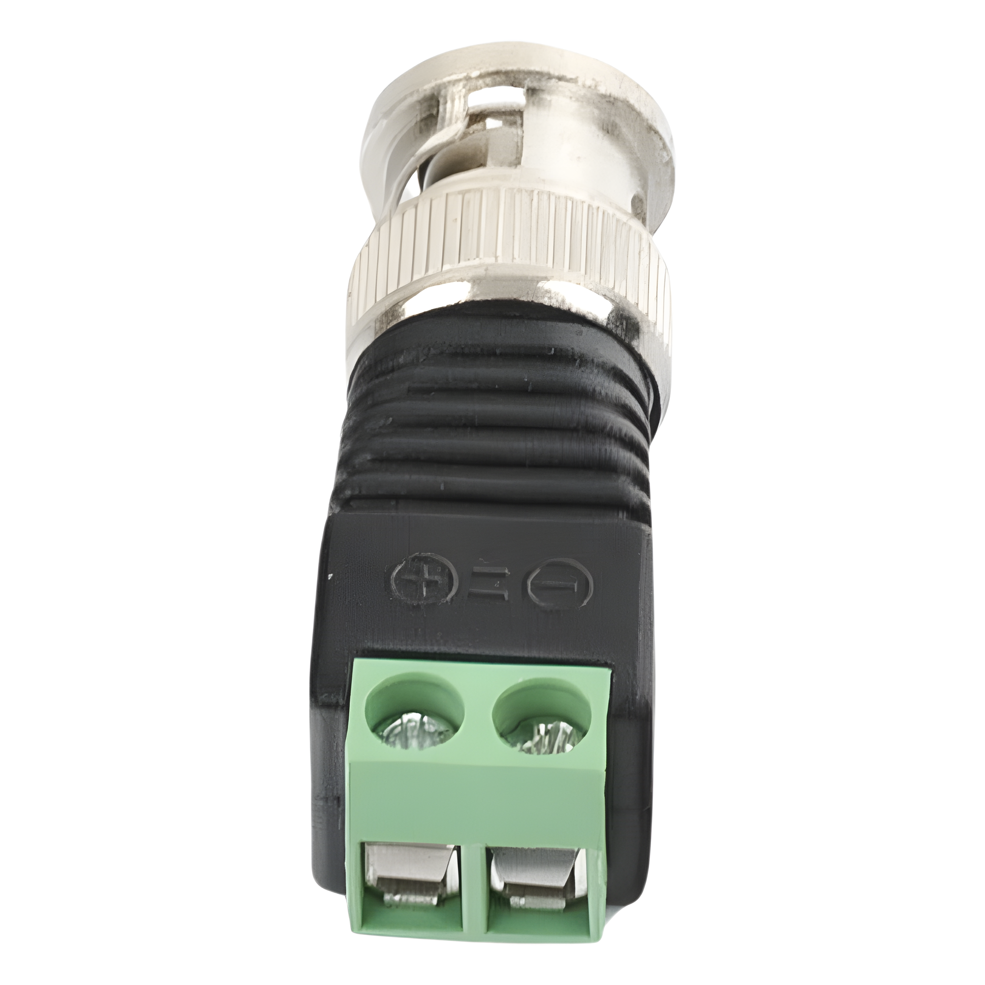 Adaptador de conector BNC macho a 2 terminales-tornillo para cables AWG-26-14, en aplicaciones Video Vigilancia, Níquel/ Oro/  PTFE y PVC.