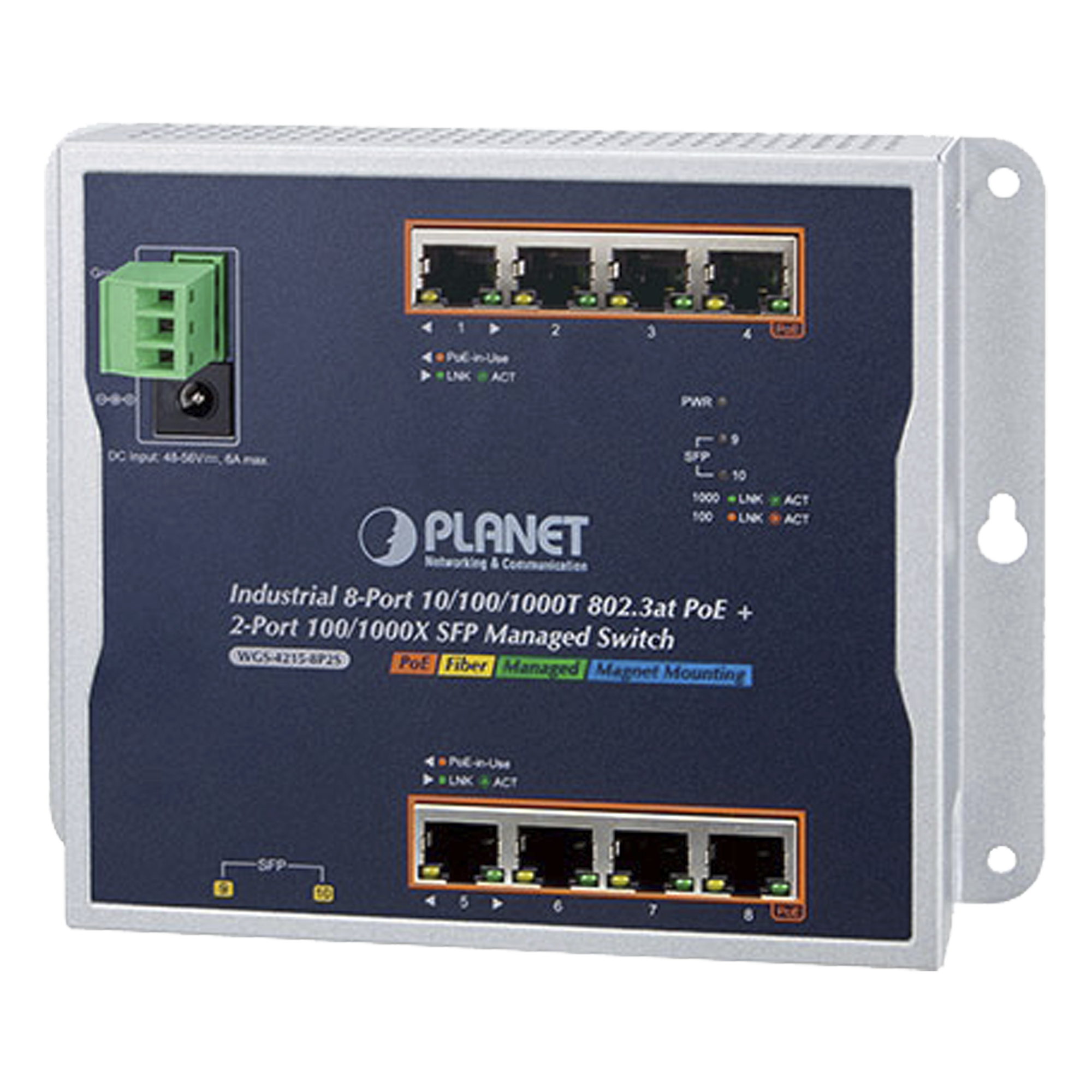 Switch Industrial PoE Administrable de Pared / 8 Puertos Gigabit PoE 802.3at / 2 Puertos SFP 100/1000X / Presupuesto PoE 200W / Alcance hasta 820 pies — PLANET · SKU WGS-4215-8P2S