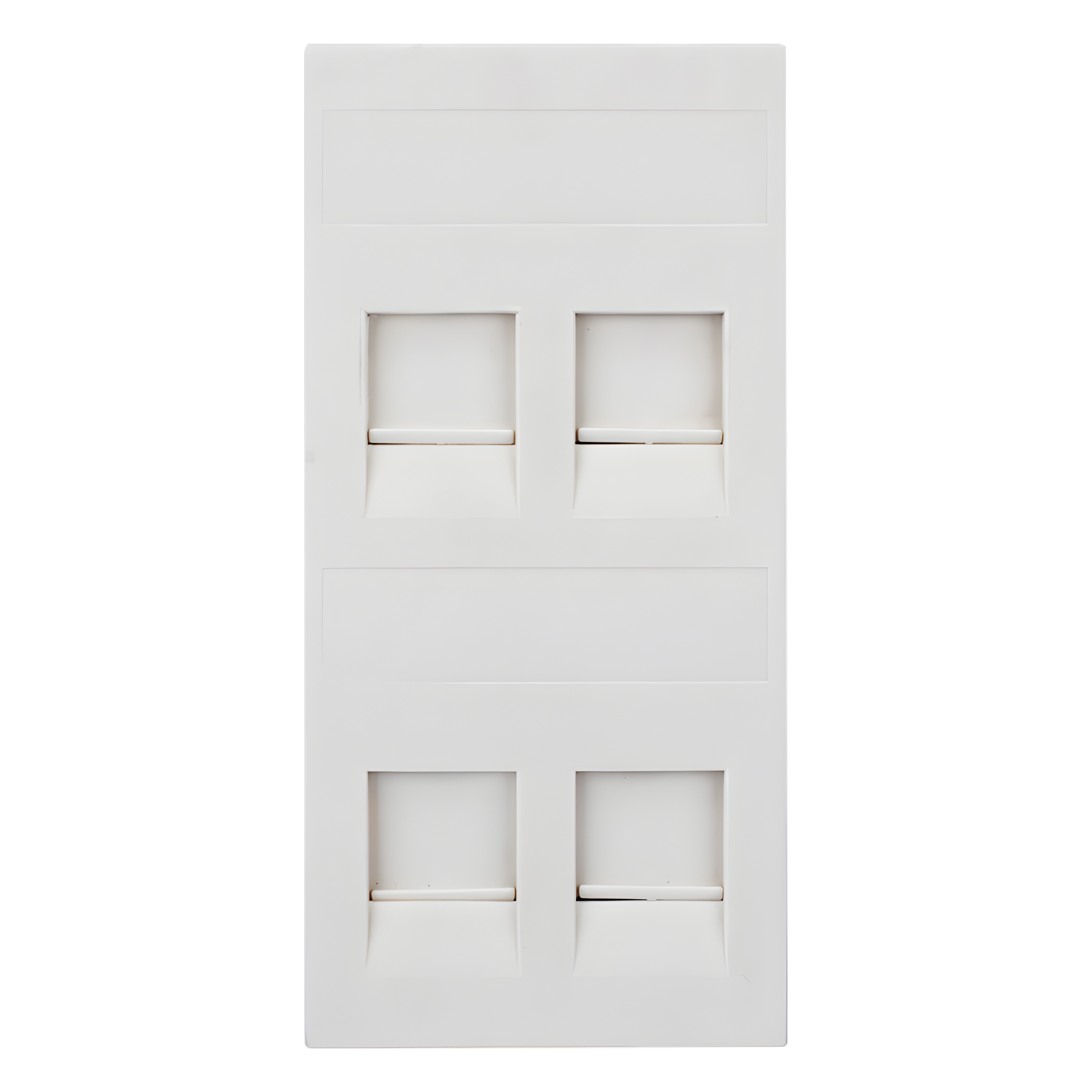 Placa Plana de Voz y Datos con Guardapolvo / 4 Puertos Keystone / Color Blanco / 108 x 52 mm / 5 mm Profundidad / Compatible Cajas Pavimento — SIMON · SKU SM-FP-4-KEY