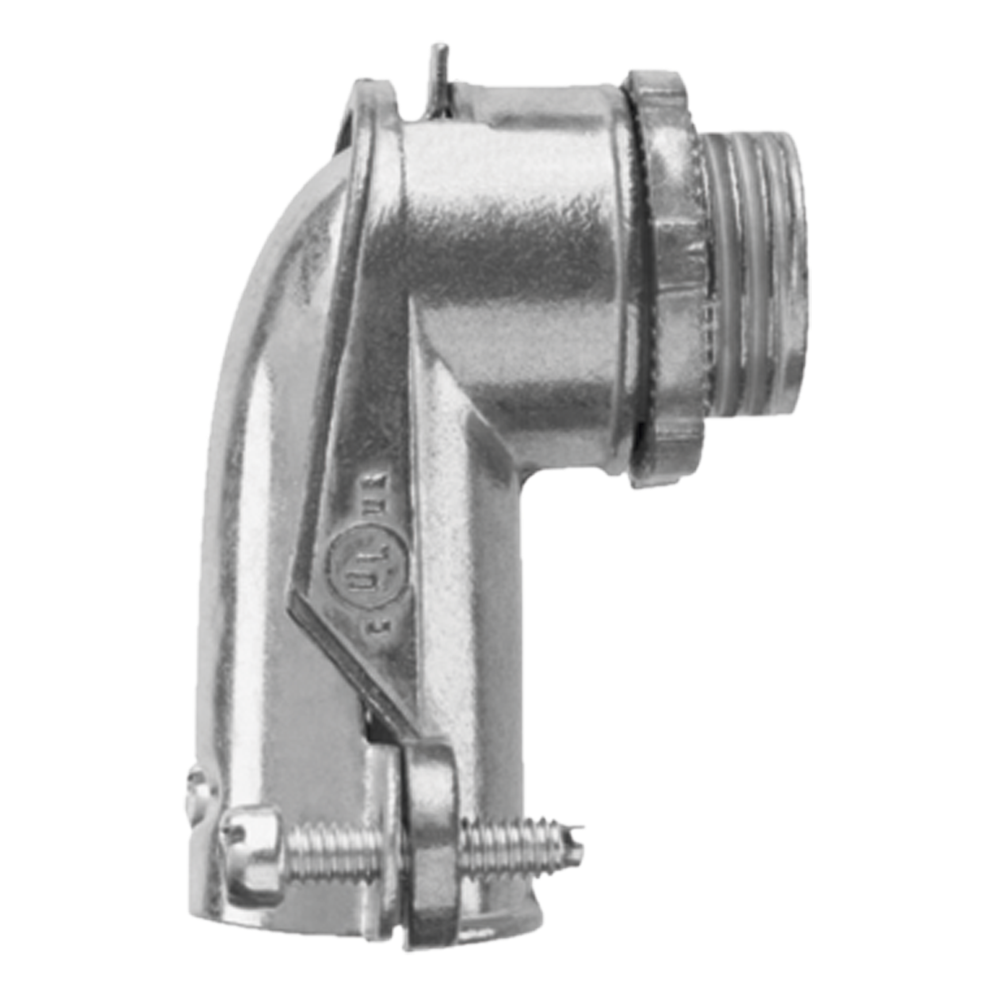 Conector Curvo para Tubo Flexible / 3/4" (19 mm) / Diámetro Exterior 41 mm / Longitud 60 mm / NEMA FB-1 — ANCLO · SKU ANC-FXC-34