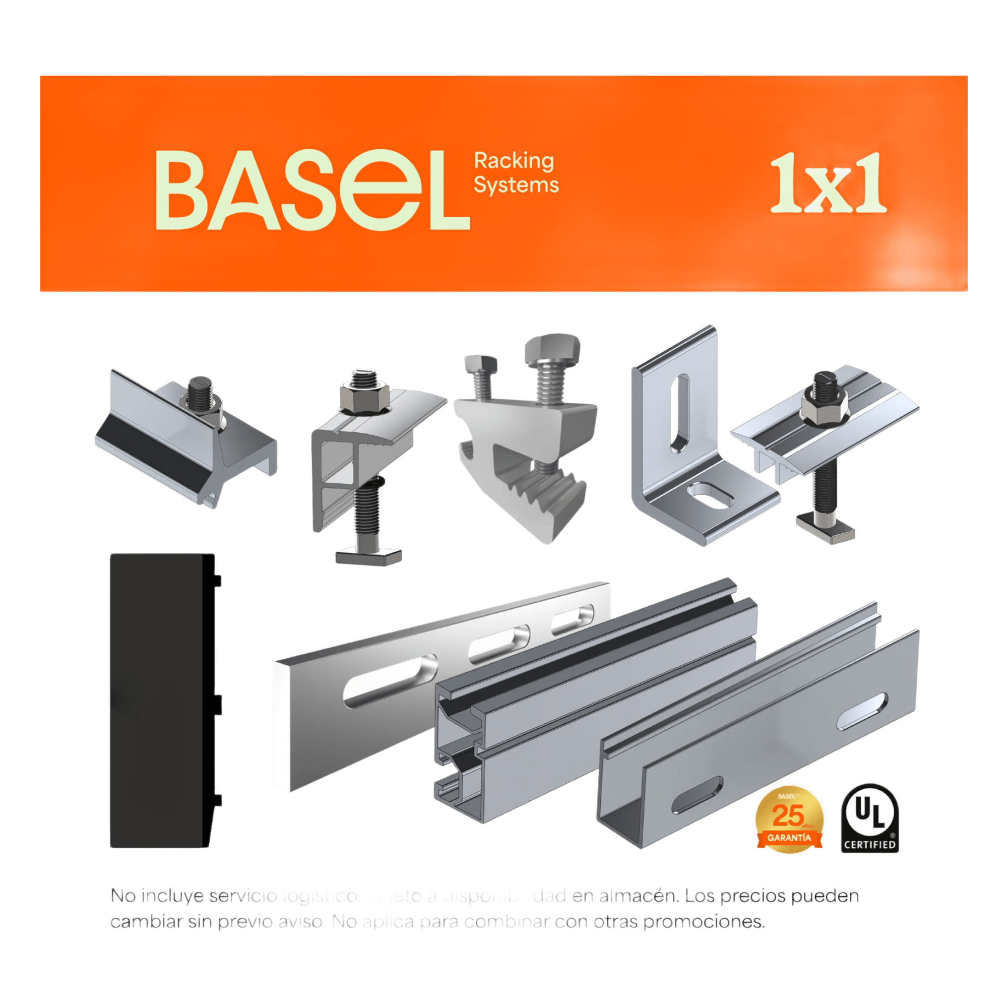 Sistema de Montaje Fotovoltaico / Losa Plana / Una Fila / 645 W / 2.382x1.134 m (7.81x3.72 ft) / Viento 170 km/h / 10° — BASEL · SKU KITBASEL1X1