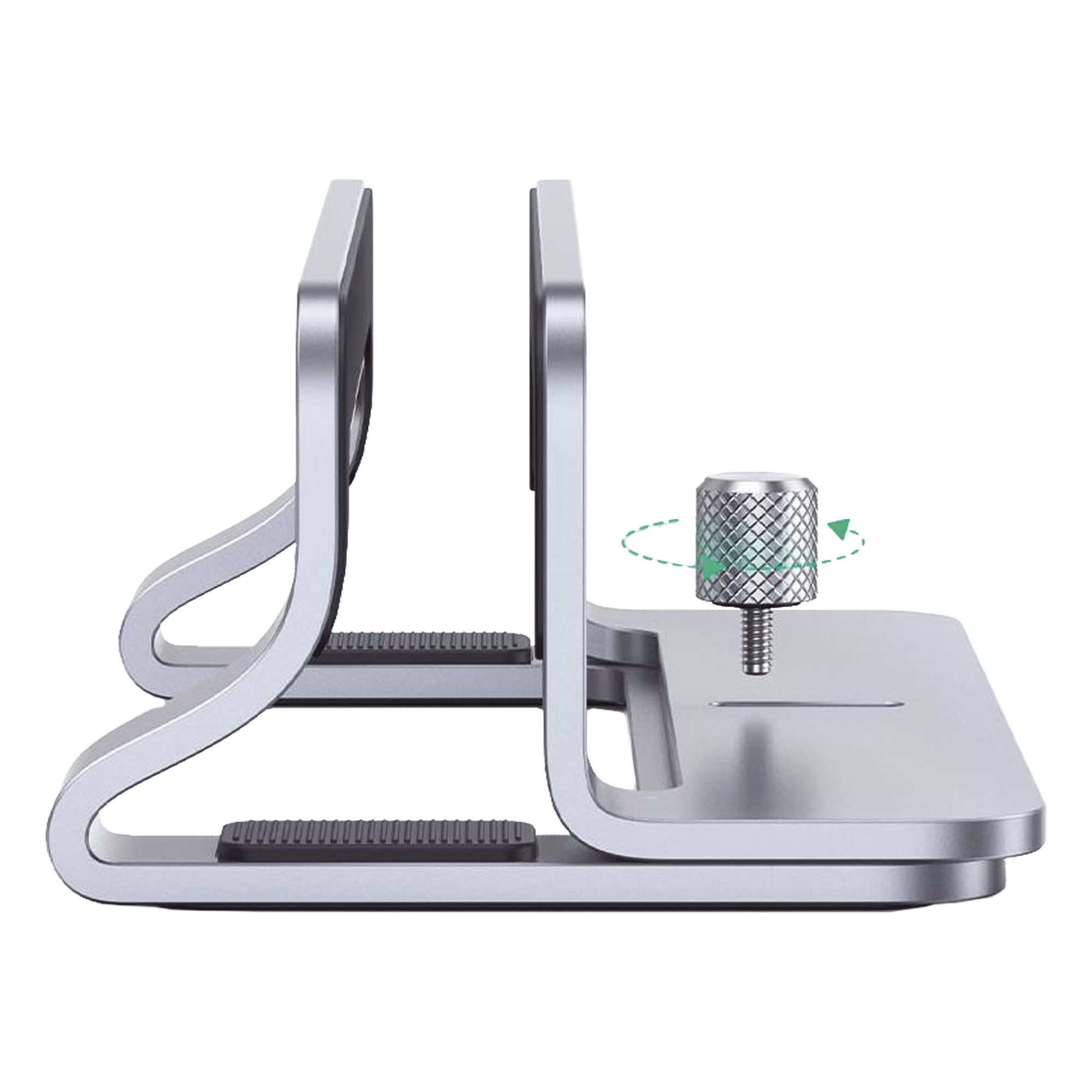 Soporte Vertical para Laptop / Adecuado para escritorio / Anchura Ajustable (12-26mm) / Amplia compatibilidad / Anti-Arañazos / Anti-Deslizante /Ajustable Mediante Tornillos / Color Plata / Aluminio + Silicona