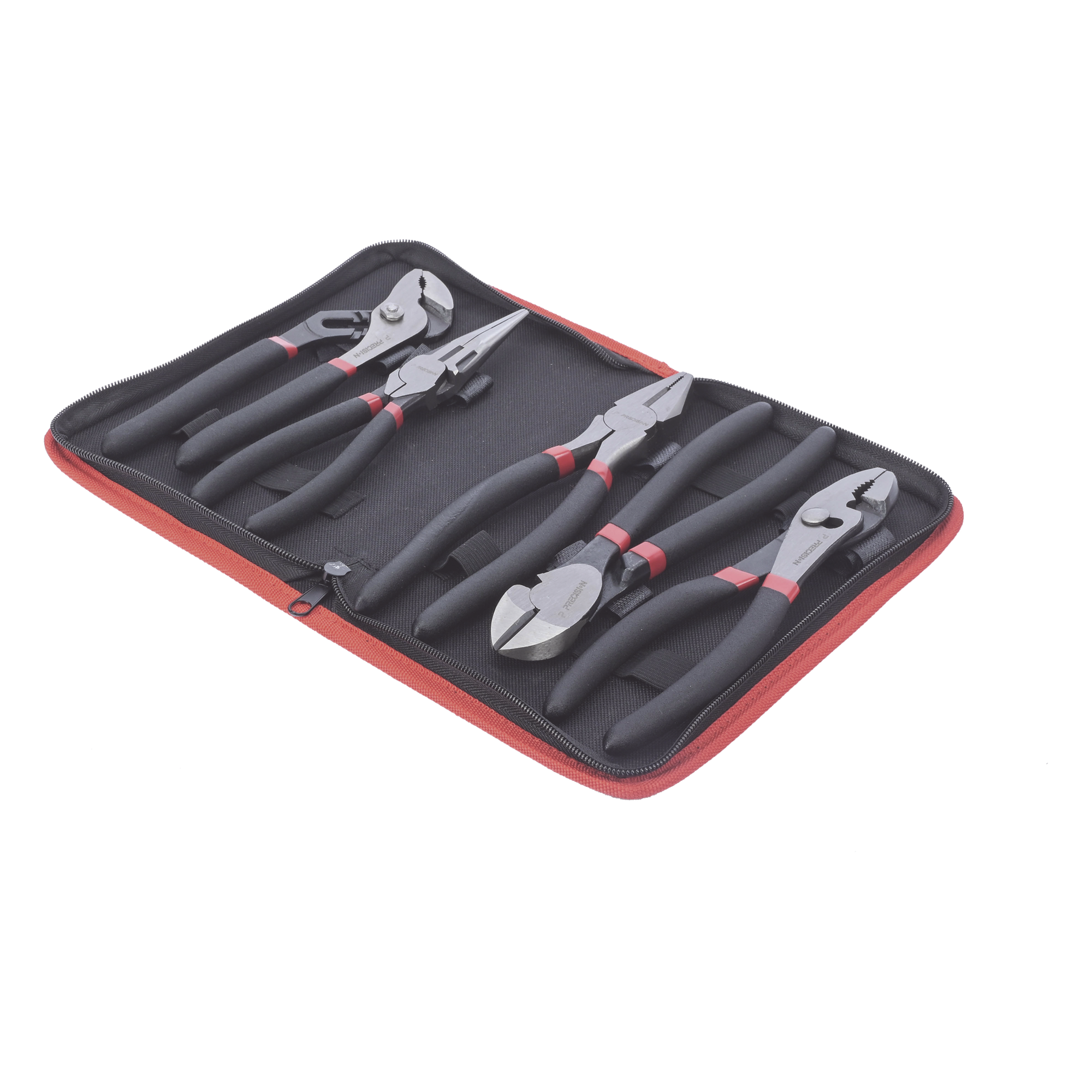 Juego de 5 Pinzas de 8" con Estuche. Incluye: P. Mecánica, P. para Tubo, P. Eléctrica, P. Corte, Nariz Larga.