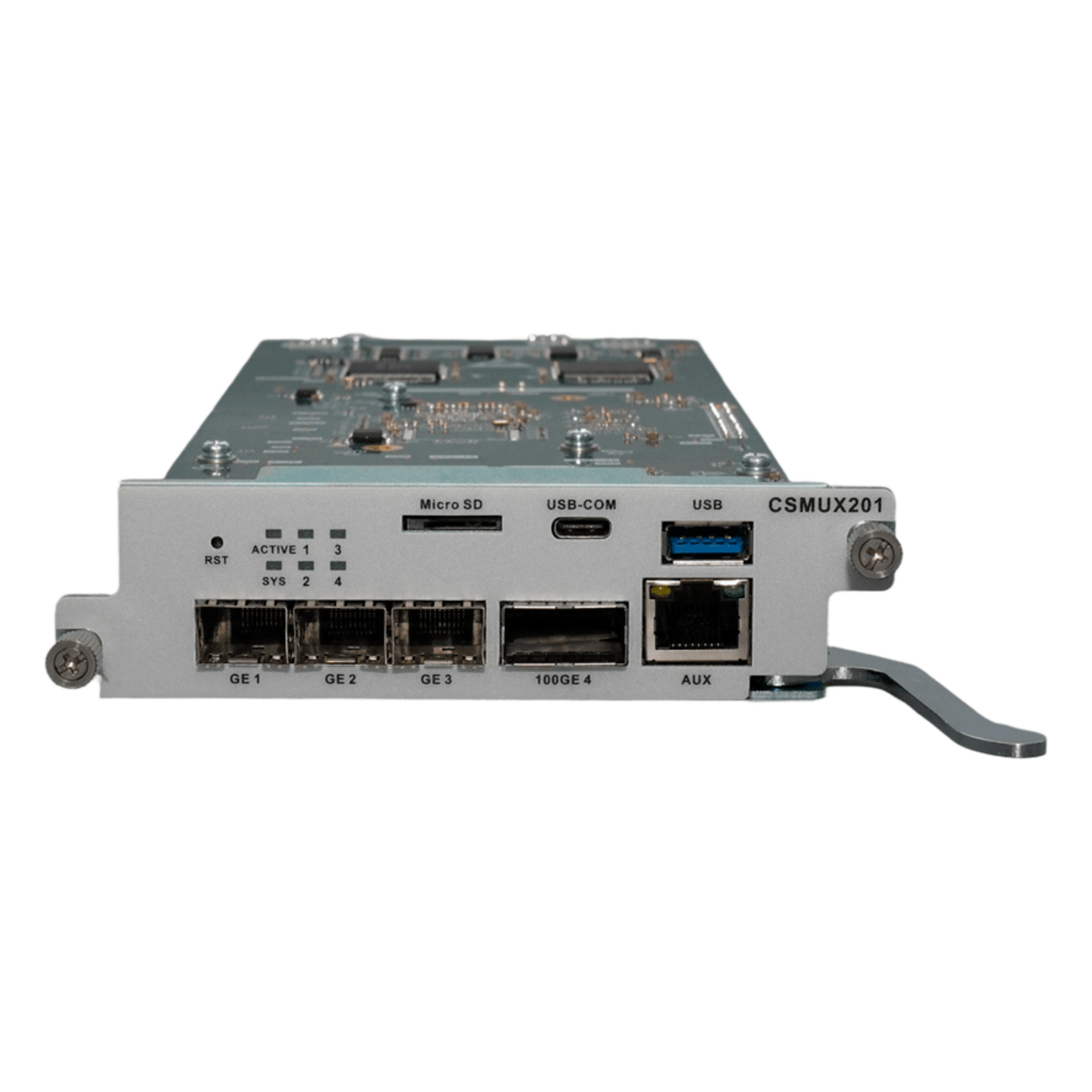 Tarjeta de Control y Uplink / 3x SFP/SFP+ 1/10G / 1x QSFP28 40/50/100G / Puerto Consola RJ45 / Out-Band 10/100/1000Base-T — V-SOL · SKU CSMUX201