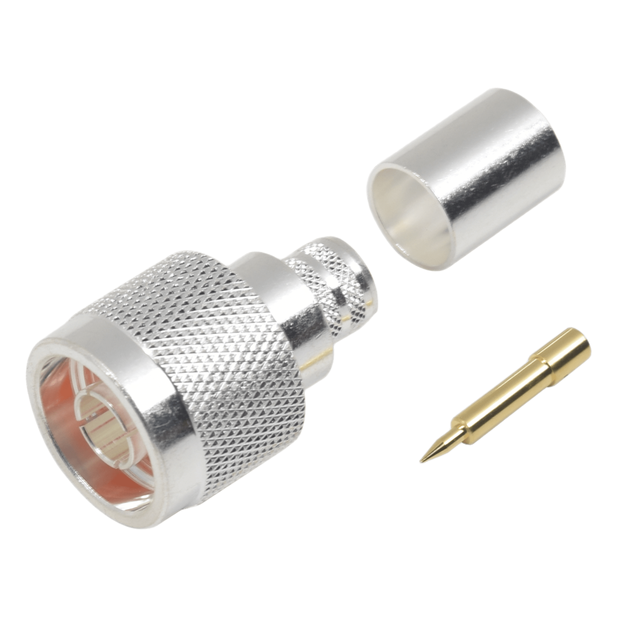 Conector N Macho / Anillo plegable / LMR-400, 9913, CNT-400, RG8/U-SYS, RFLASH-1113, 8214 / Cuerpo bronce plateado / Contacto oro — RF INDUSTRIES,LTD · SKU RFN-1006-3I