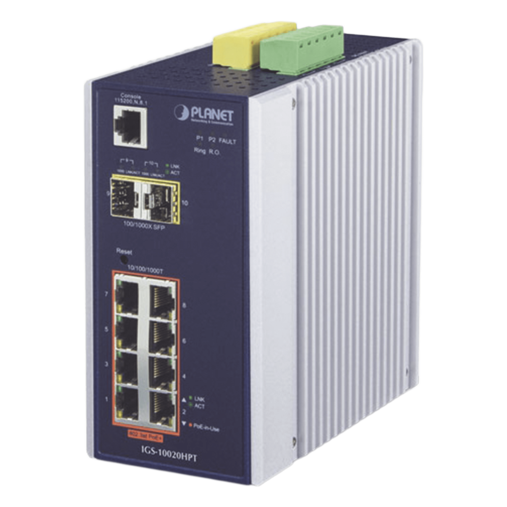 Switch Industrial Administrable Capa 2 / 8 Puertos PoE Gigabit 802.3af/at / 2 Puertos SFP 1/2.5G / Fuente Redundante / 258W PoE Total — PLANET · SKU IGS-10020HPT