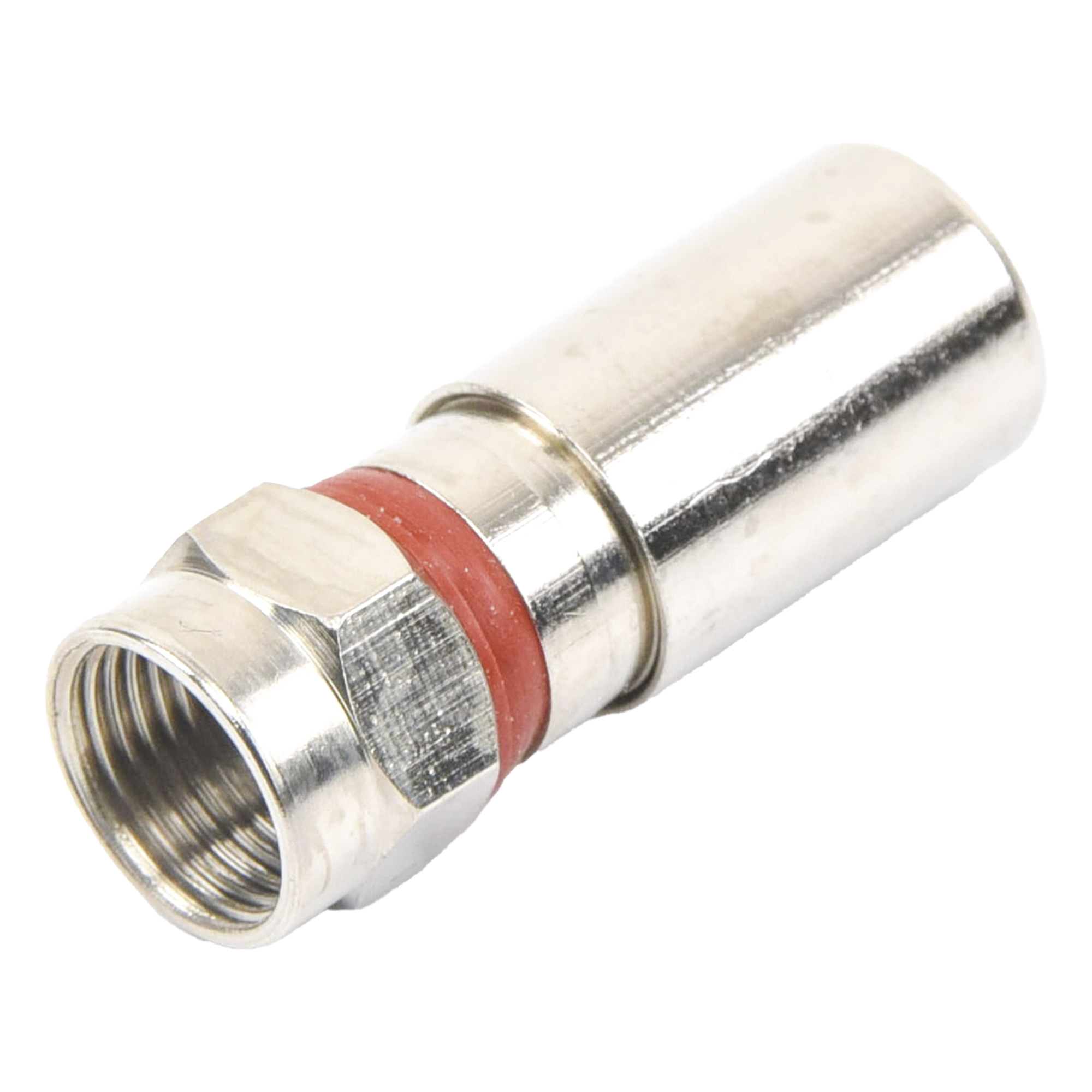 Conector F Macho / Compresión en Línea / Cable RG-6 / Cuerpo Bronce Niquelado / Contacto Oro / Aislante Teflón — EPCOM TITANIUM · SKU TT-CON-510-RG6