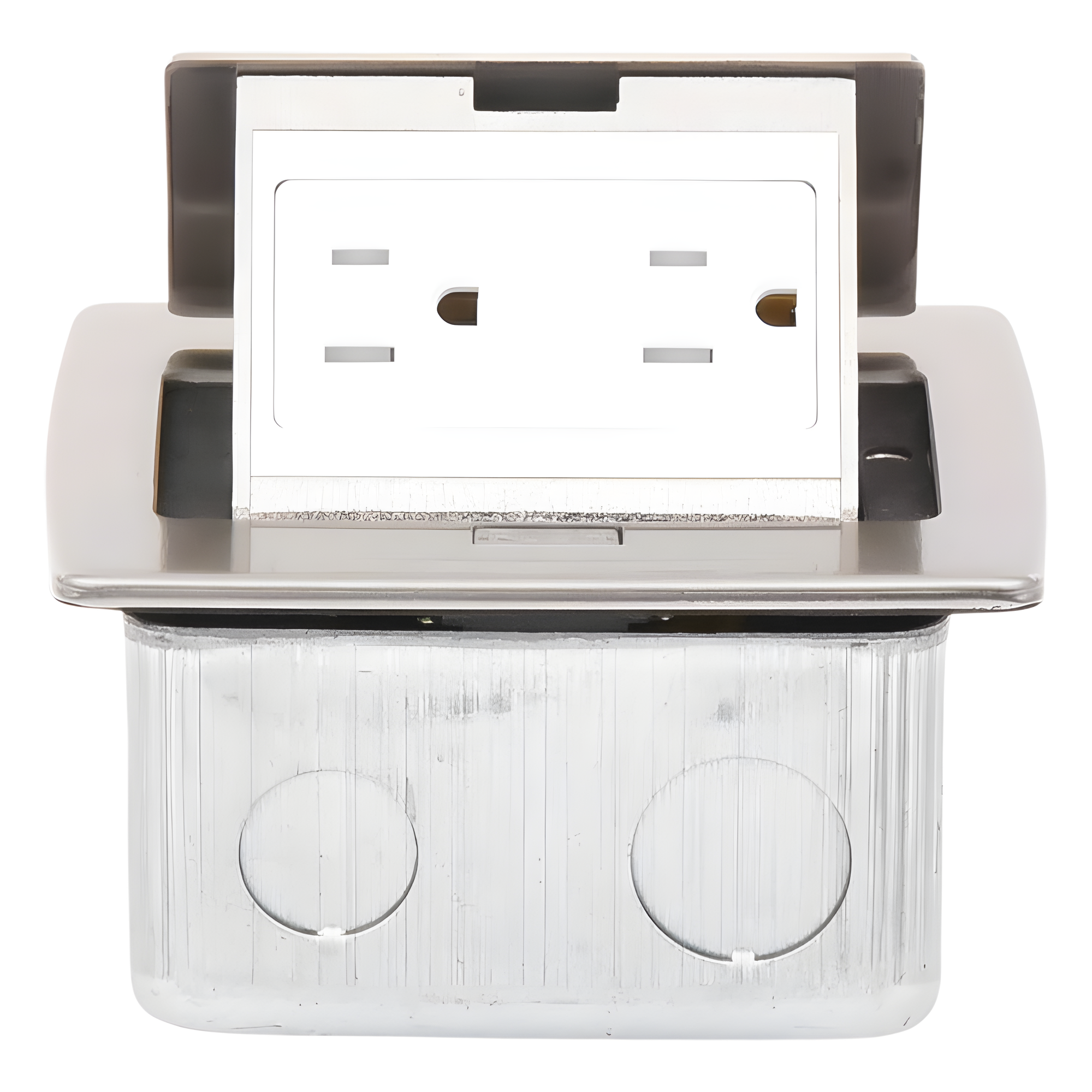 Mini Caja de Piso Rectangular / Acero Inoxidable / 2 Contactos 127V / 15A / 12.4 x 12 x 7.2 cm / 4.88 x 4.72 x 2.83 pulg