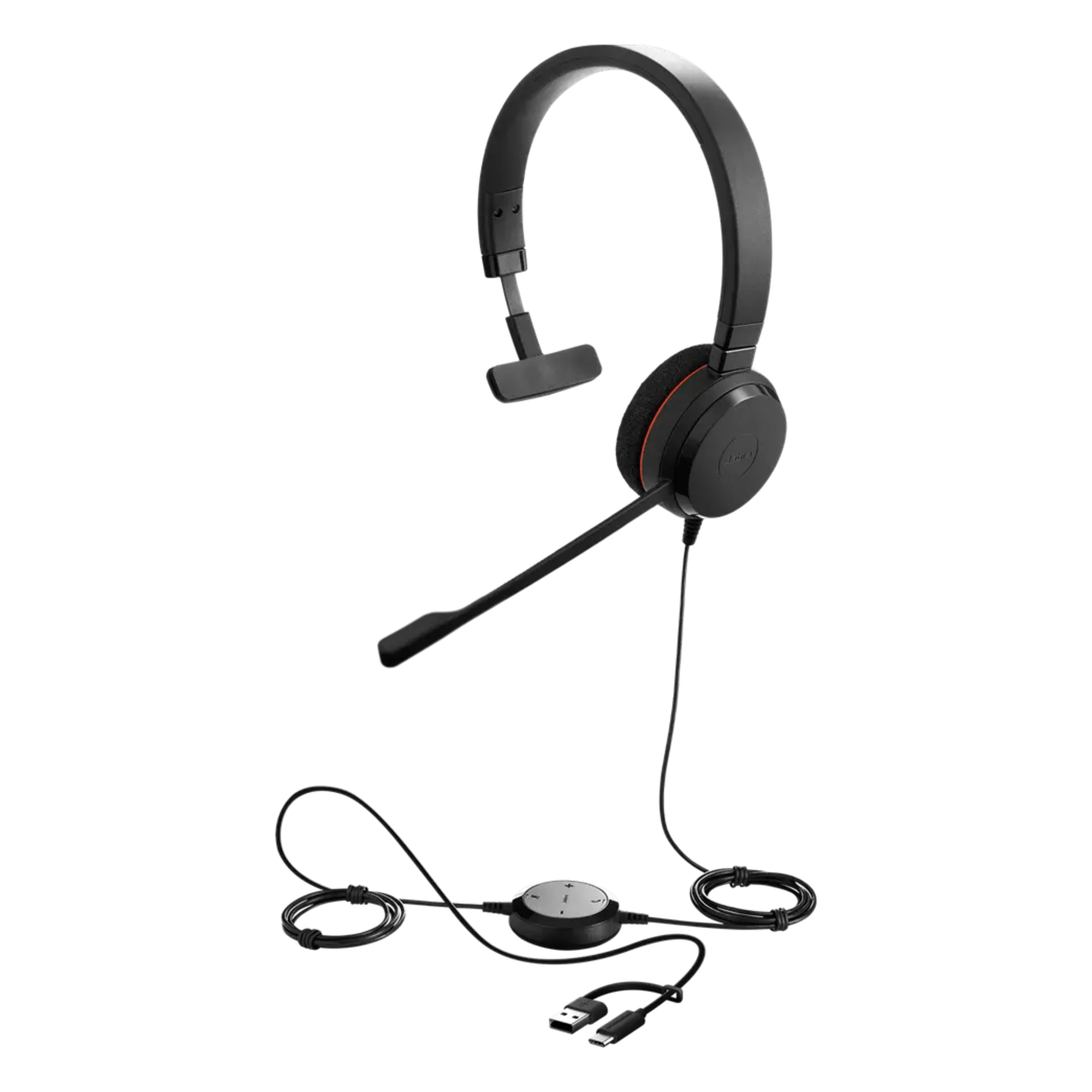 Headset Profesional Mono / Cancelación de Ruido Avanzada / USB-C/A Plug-and-Play / Certificación UC y Microsoft Teams / Altavoces 28 mm / Control Integrado de Llamadas — JABRA · SKU EVOLVE20MONOUCUSBC/A