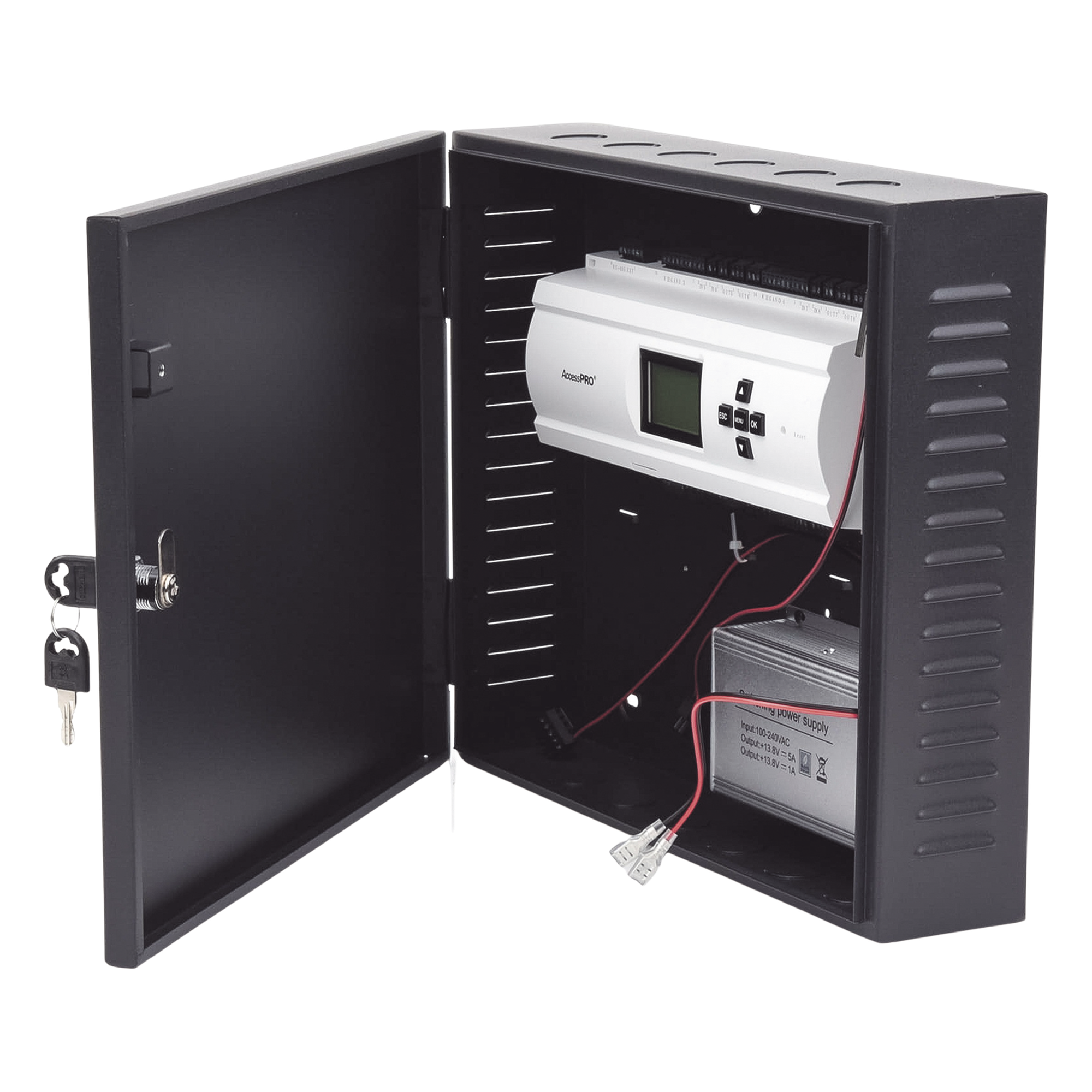 Controlador de Acceso / 4 Puertas / Biometría Integrada / 3,000 Huellas / Compatible con Sistemas de Elevadores (10 Pisos) / Incluye Gabinete y Fuente de Alimentación 12Vcc/5A 