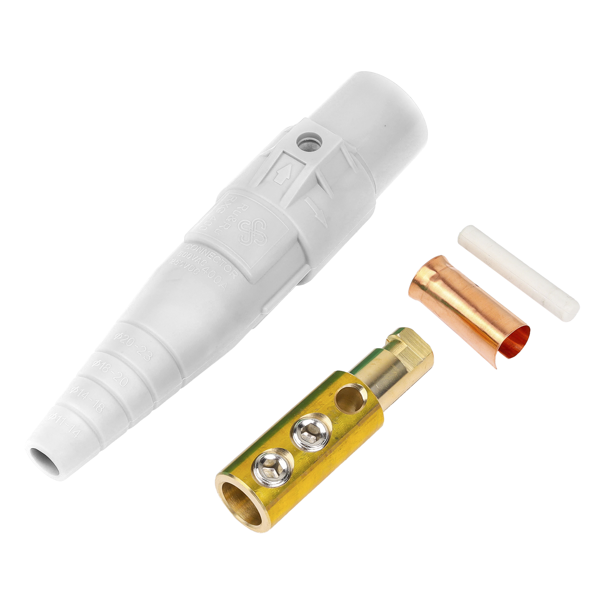 Conector Macho Camlock / 400 Amperes / 600V AC / Compresión 50-95 mm² / Plástico Ingeniería / Identificación por Color — EPCOM PROAUDIO · SKU EP-CAMLOCK-400A-M-WHITE