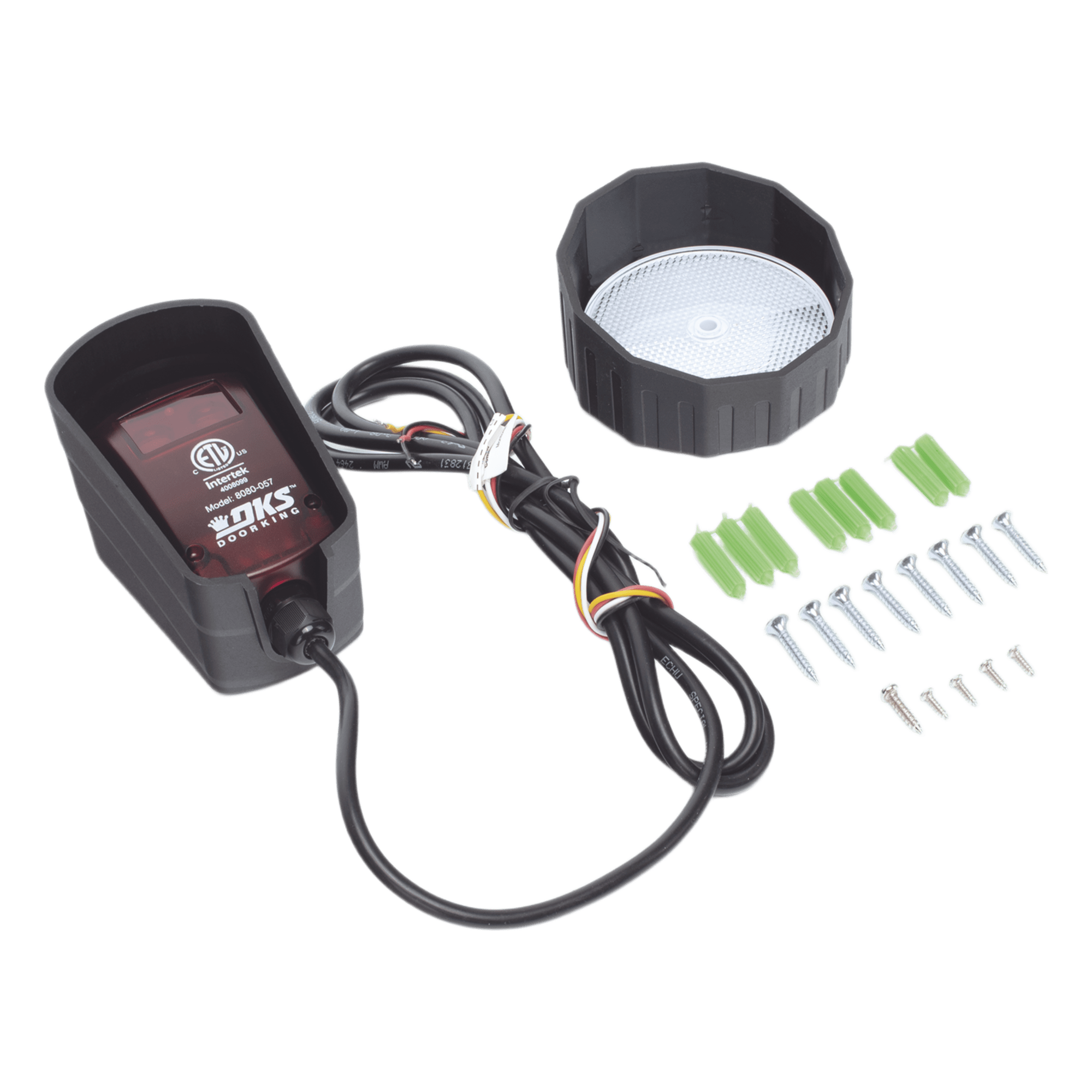 Fotocelda Reflectiva / Alcance 10 m (33 ft) / 12-30 VDC / Contactos NC-NO / Montaje Vertical — DKS DOORKING · SKU 8080-057