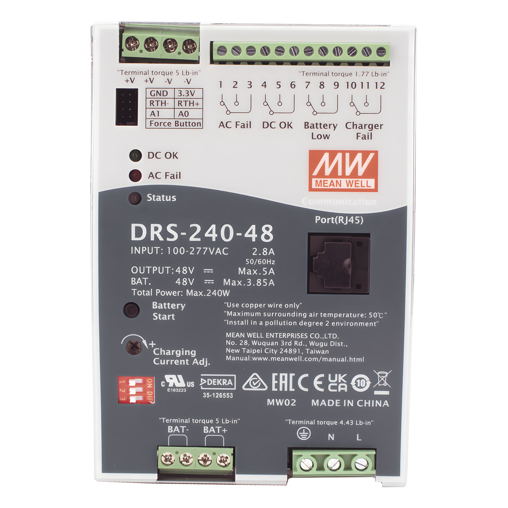 Fuente de Poder Industrial / 240W / Salida 48Vcc / 5A / Cargador de Baterías / Riel DIN / Entrada Universal 90-305Vca