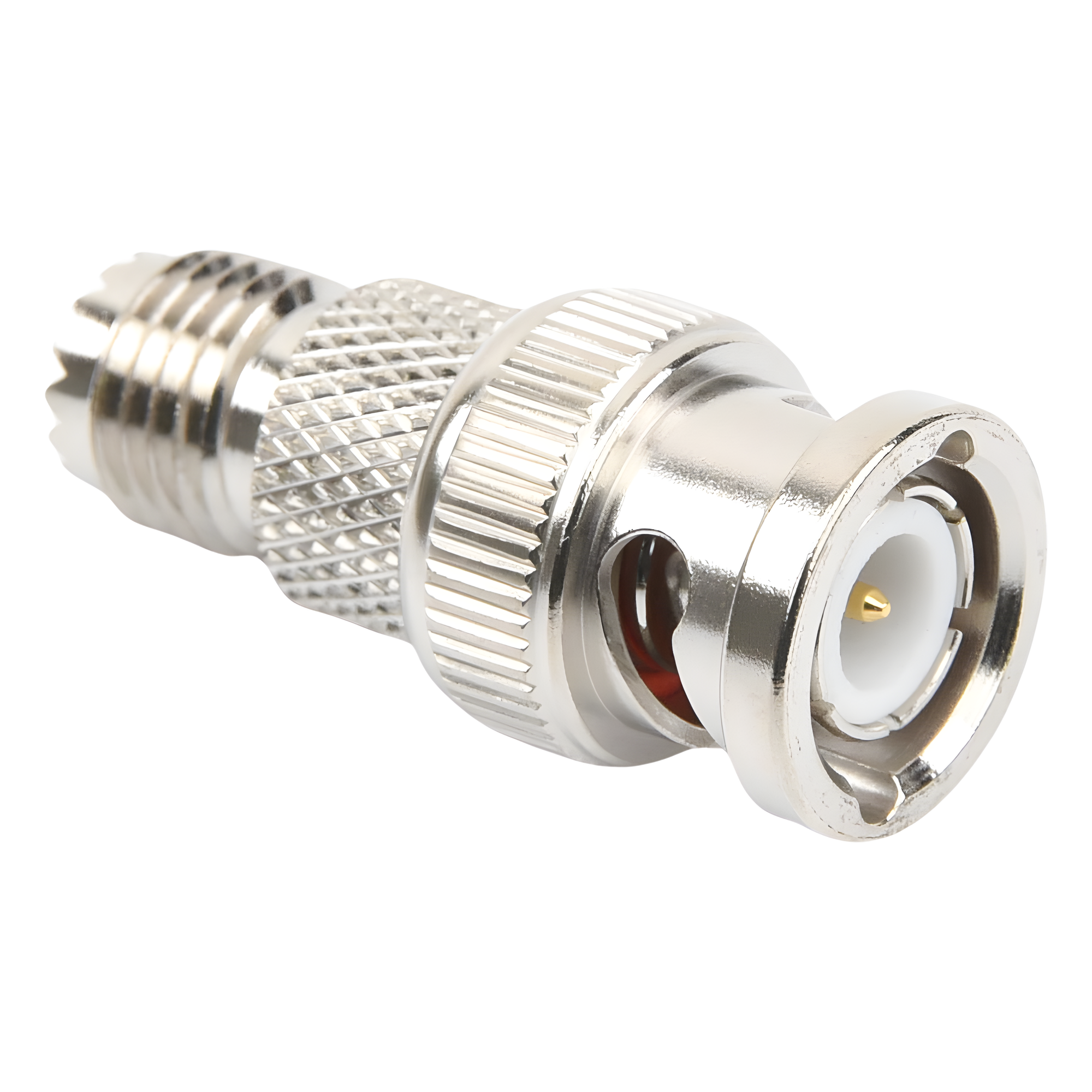 Adaptador RF / Mini-UHF Hembra a BNC Macho / Montaje en Línea / 50 Ohm / Bronce Niquelado / Aislante de Teflón