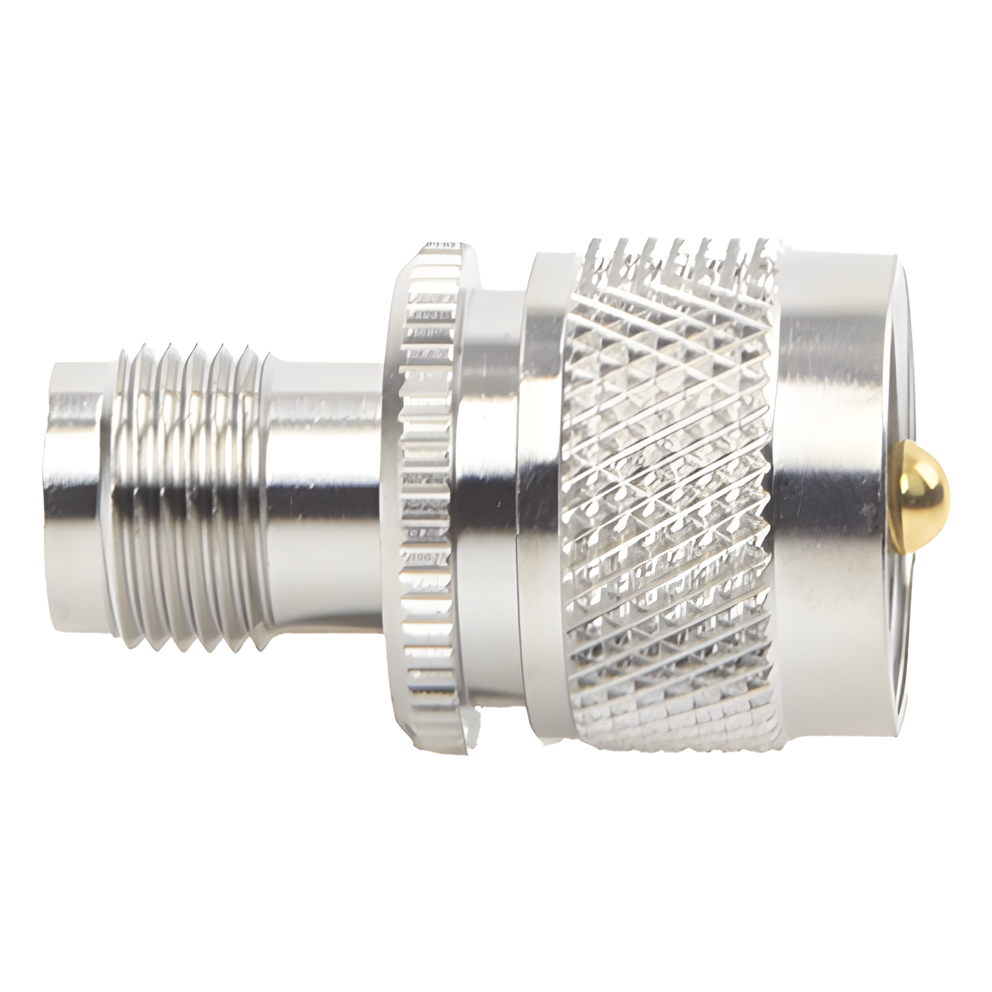 Adaptador de Conector RF / TNC Hembra a UHF Macho PL-259 / Montaje en Línea / Cuerpo Níquel / Contacto Oro / Aislante Teflón