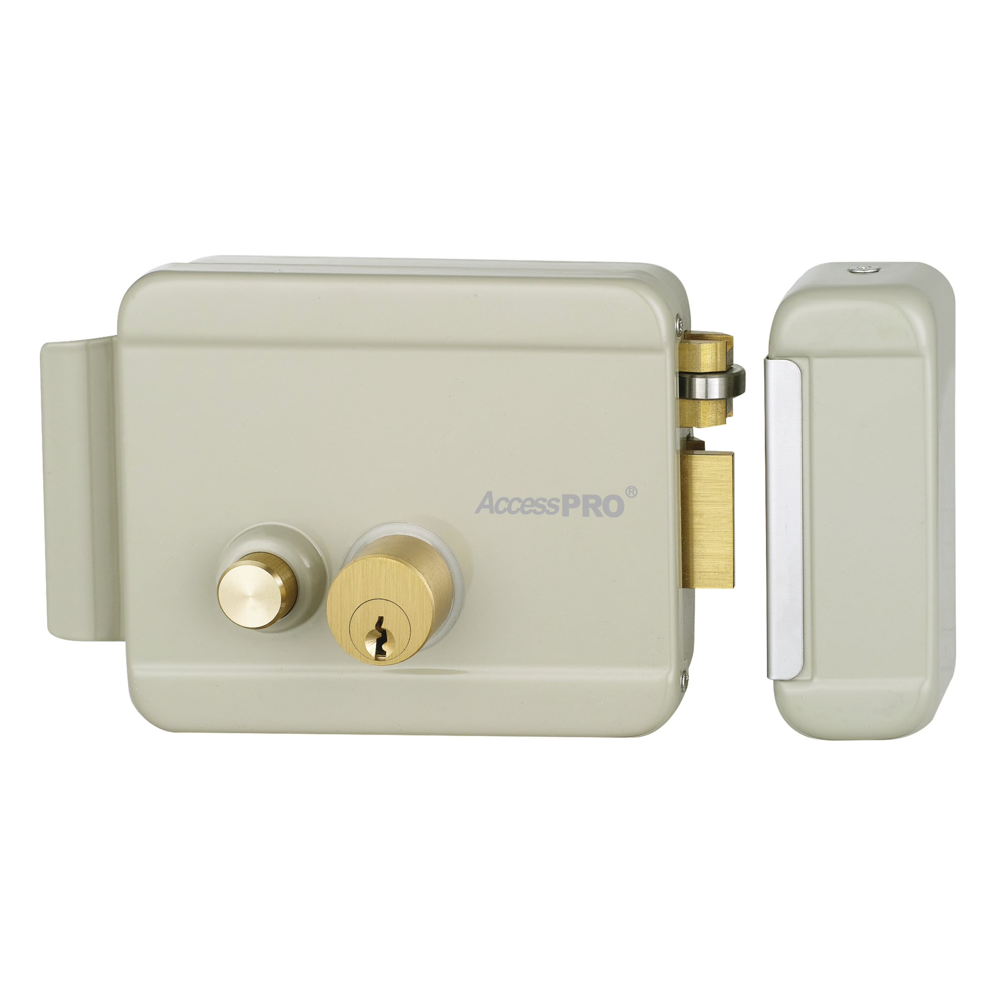 Cerradura Eléctrica con Botón de Salida / Doble Cerrojo / Exterior Derecha / 12 VCA 2.5A / Compacta 129 x 103 x 38 mm — ACCESSPRO · SKU ACCESSRIMB