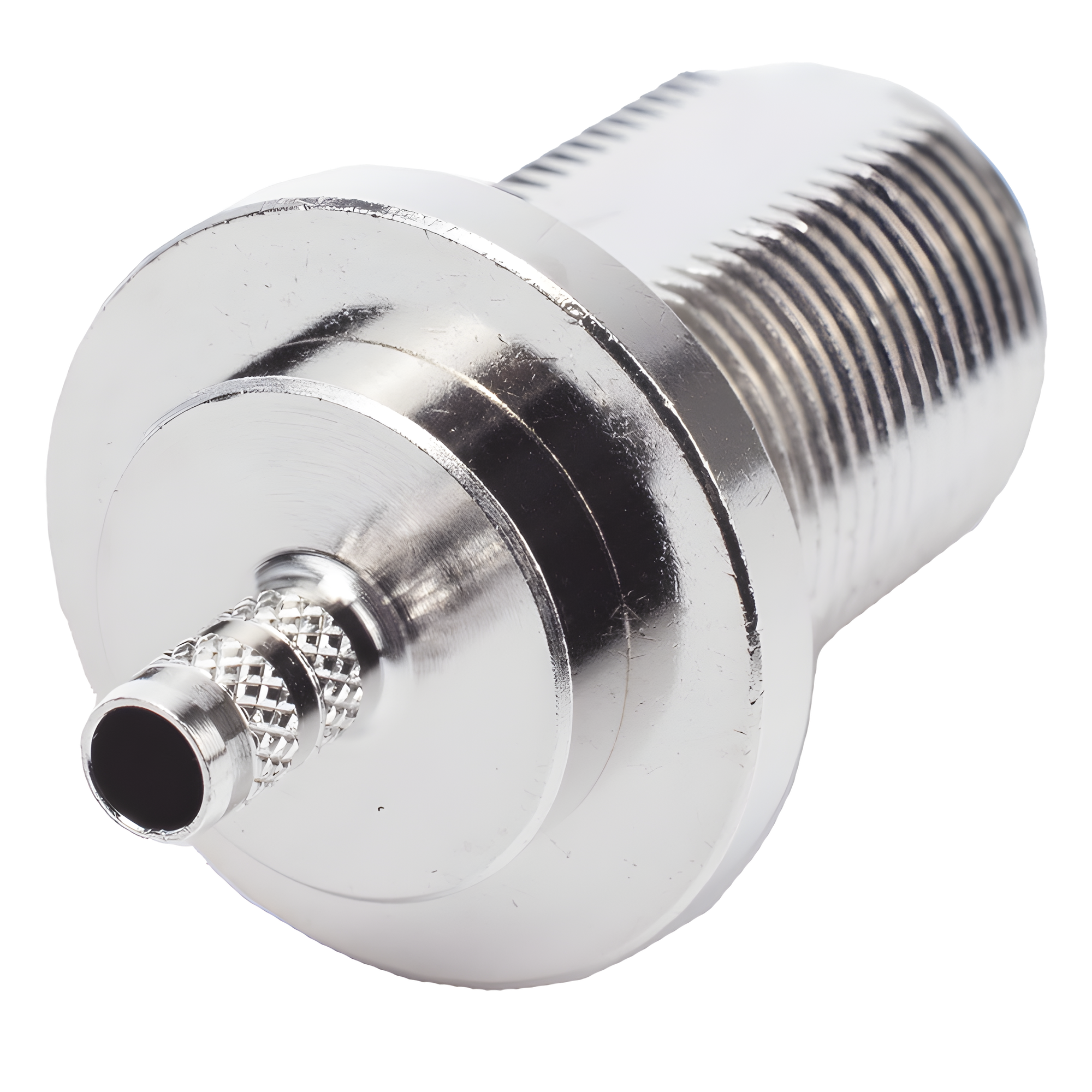 Conector RF Coaxial / N Hembra Hermético / Montaje Frontal Panel 2D Plano / Anillo Plegable RG-58/U / Cuerpo Bronce Niquelado / Contacto Oro / Aislante Teflón — RF INDUSTRIES,LTD · SKU RFN-1022-8C