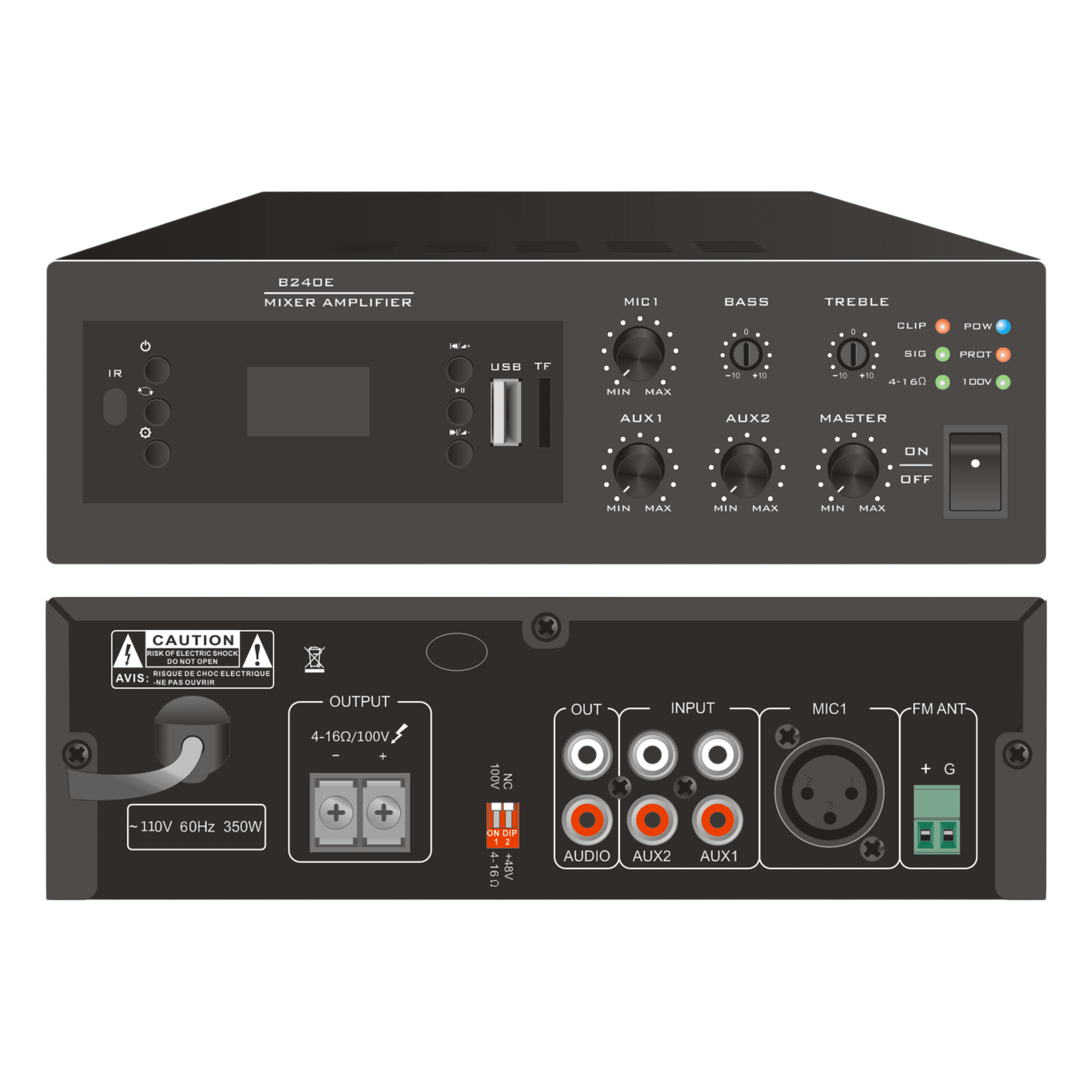 Amplificador Digital Mini MP3 con Bluetooth | 240W | Entrada XLR Micrófono 48V | 2 Entradas RCA | USB y TF Card | FM Radio | Control Remoto | Protección contra Cortocircuito y Sobrecarga