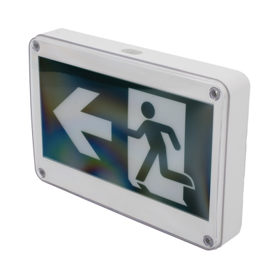 Letrero EXTERIOR de Señalización salida "Hombre Corriendo"/ Alto brillo / Uso en pared, lateral o techo / Batería de Respaldo Incluida con hasta 120 minutos de duración 