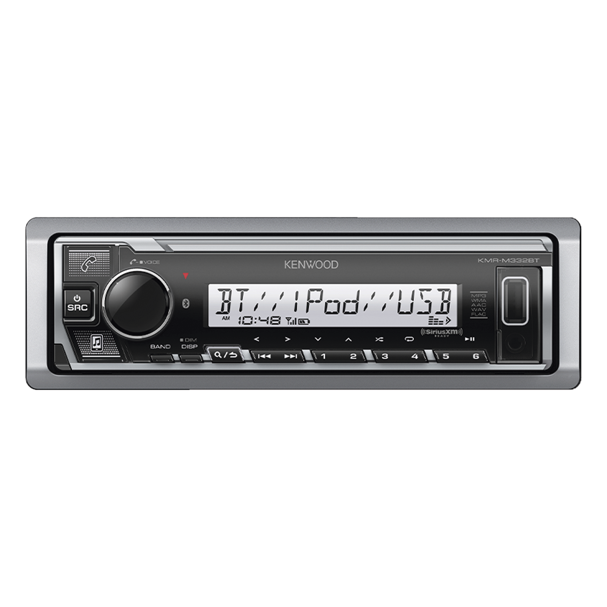 Estéreo Marino / Bluetooth / Ecualizador 13 Bandas DTA / Iluminación 12 Colores / 3 Salidas Preamplificadas 4.0V / USB Frontal + Aux 3.5mm — JVC  KENWOOD · SKU KMR-M332BT