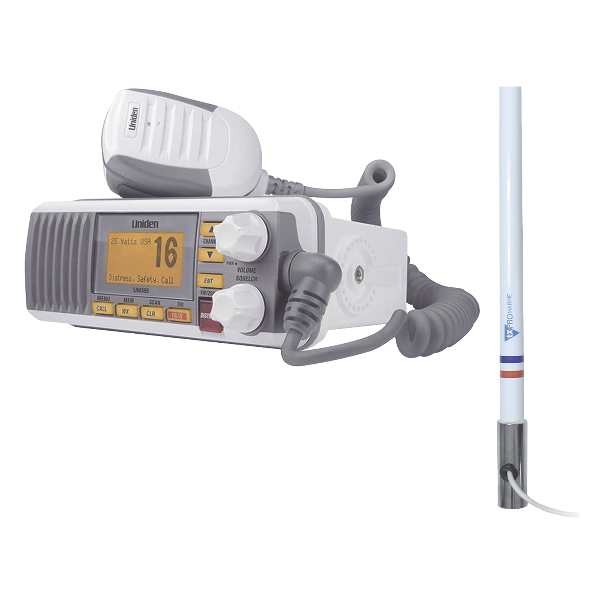 Kit de radio marina VHF / 156-163 MHz / Antena 2.4 m (7.9 ft) / 25 W / IPX4 / GPS integrado — UNIDEN · SKU UM385/KIT5101