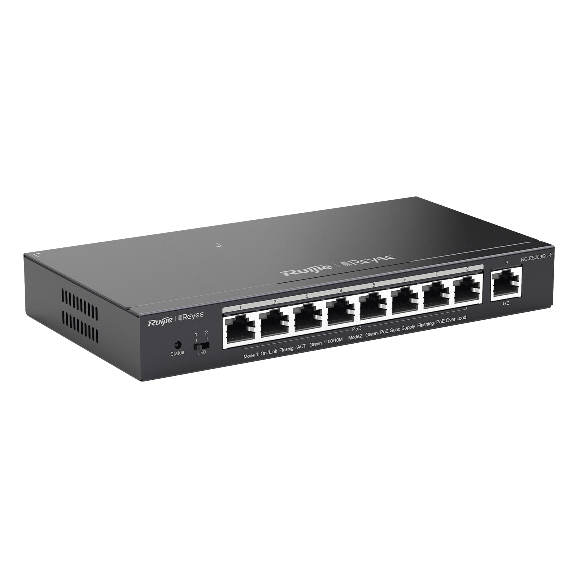 Switch Administrable PoE+ / 9 Puertos Gigabit / 8 Puertos PoE+ 802.3af/at / 120 W / Alcance Extendido 250 m (820.2 ft) / Sin Ventilador — RUIJIE · SKU RG-ES209GC-P
