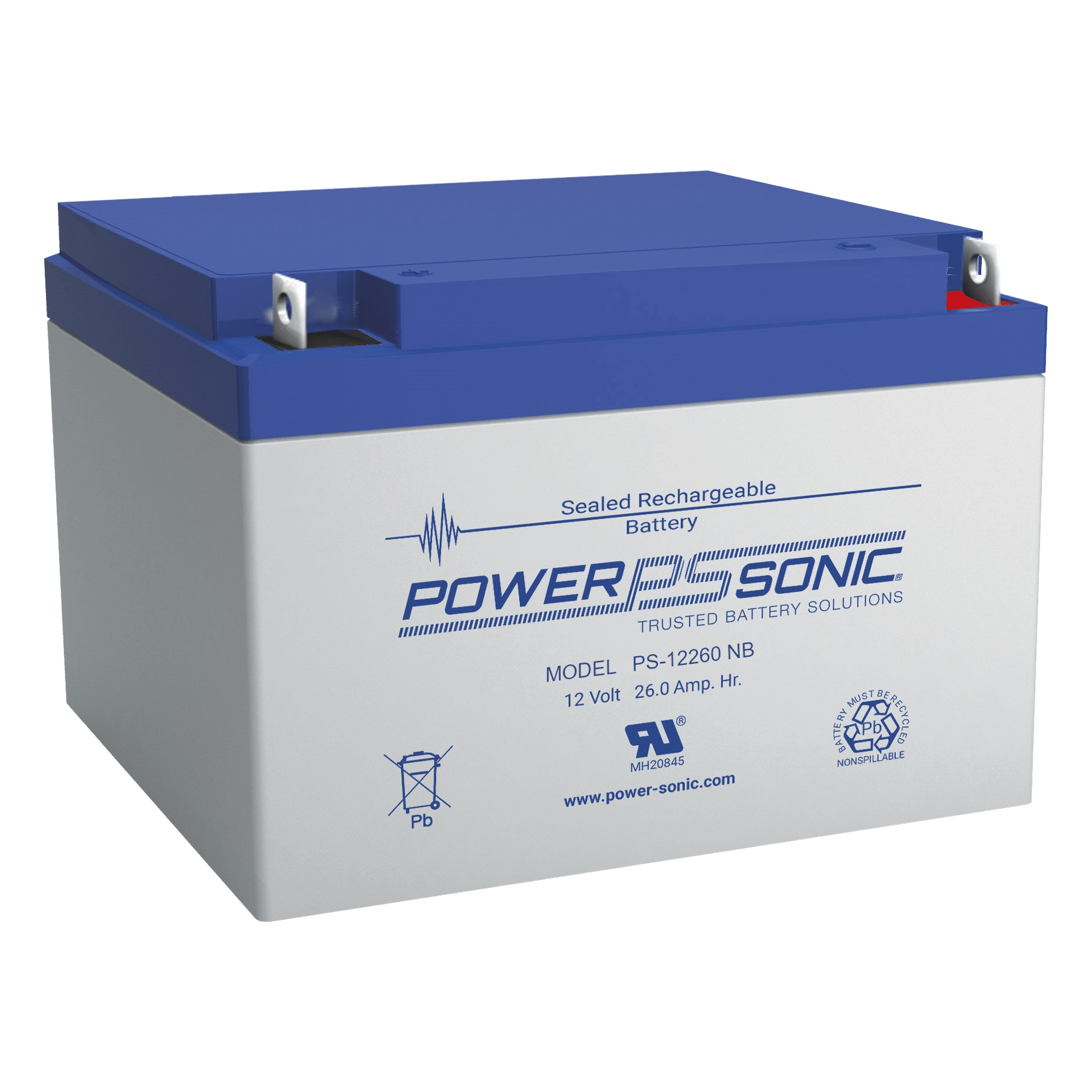 Batería de Respaldo AGM/VRLA / 12V / 26Ah / Terminales NB2 / Vida Útil 5 Años / Reconocida UL — POWER SONIC · SKU PS-12260-NB2