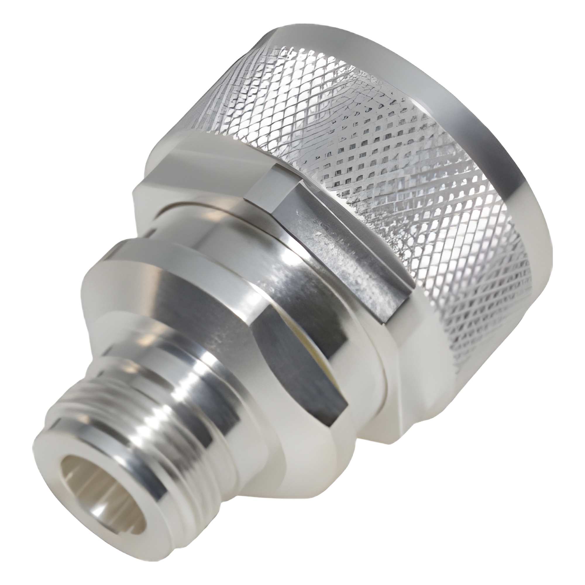 Adaptador de Conector RF / DIN 7-16 Macho a N Hembra / Montaje en Línea / Cuerpo Bronce Plateado / Aislante Teflón — RF INDUSTRIES,LTD · SKU RFD-1671-2