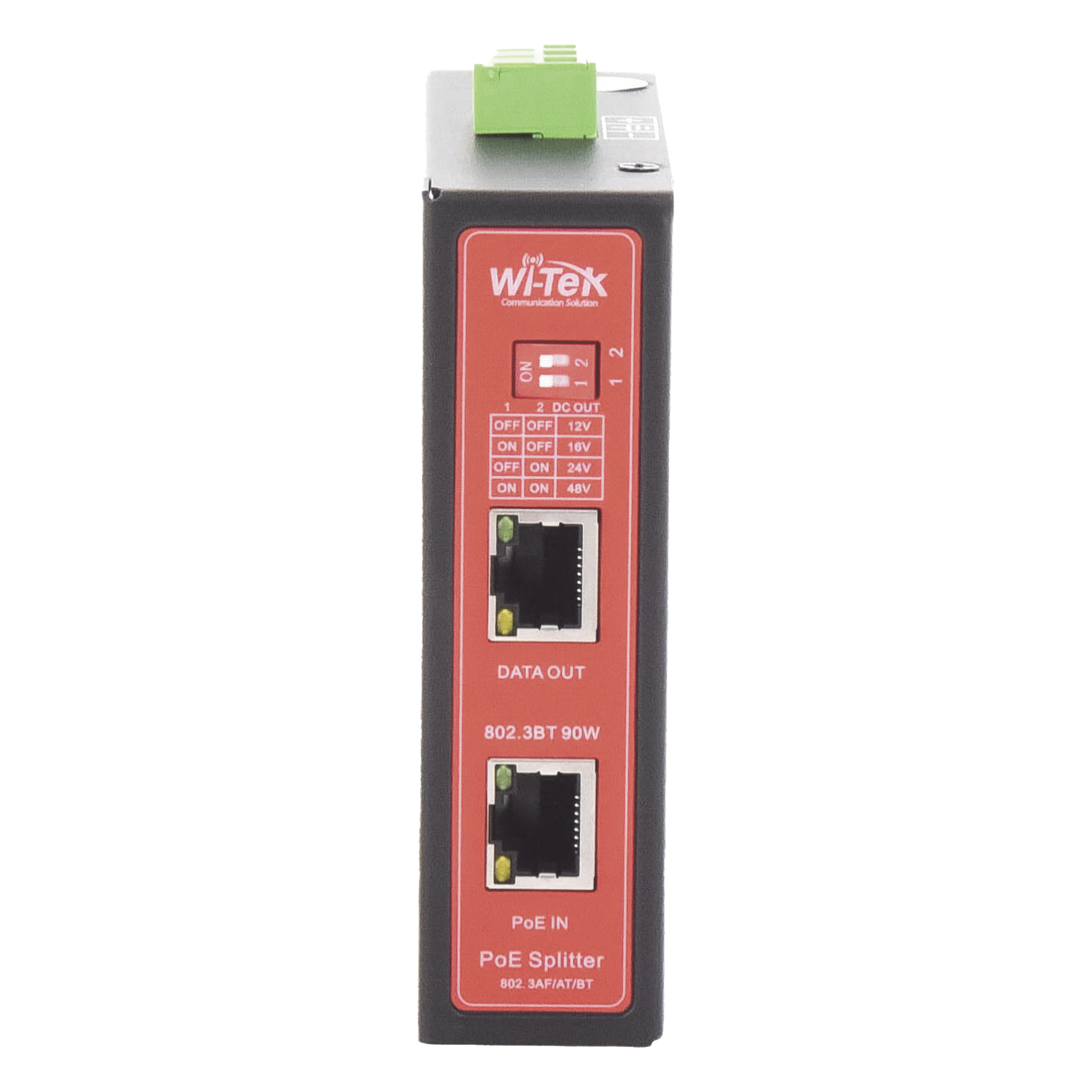 Splitter PoE Industrial / Entrada 90 W 802.3bt / Salida DC Seleccionable 12V/16V/24V/48V / 2 Puertos Gigabit / Protección 6 kV / Riel DIN