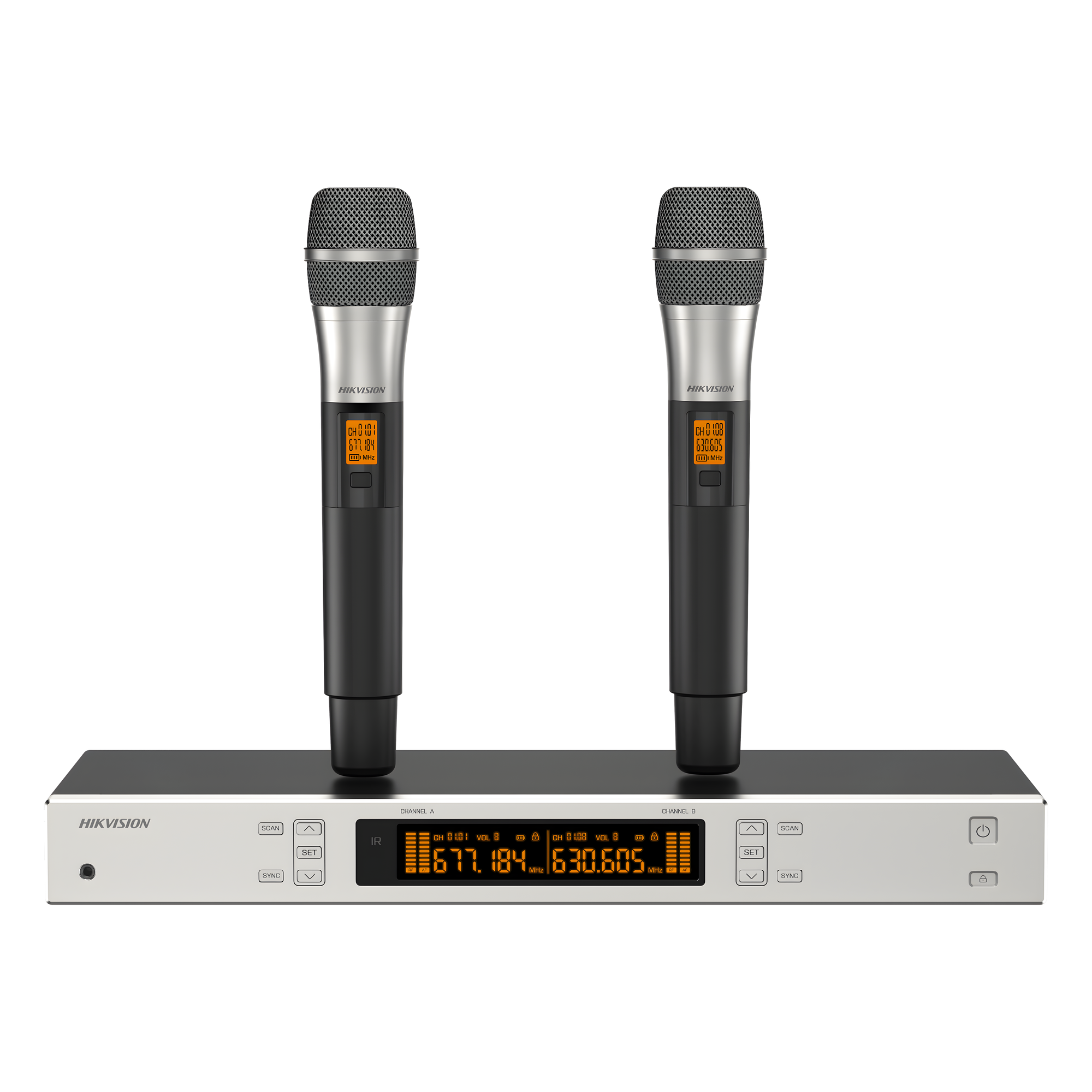 Sistema de Micrófono Inalámbrico UHF / 2 Canales / 2 Micrófonos de Mano / Frecuencia 821-942 MHz / Alcance 100 m (328 ft) / True Diversity / Sincronización Infrarroja / Salida XLR Balanceada y 6.35 mm — HIKVISION · SKU DS-QAPMKHC2-2U