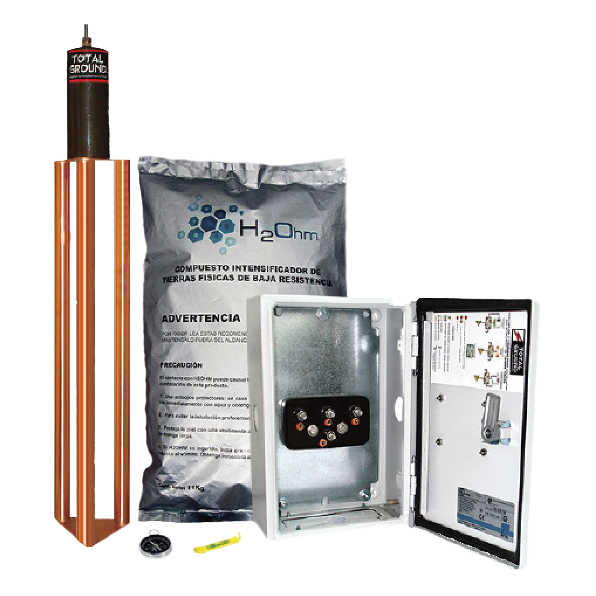 Kit de puesta a tierra / 45 A / Resistencia <2 ohm / Electrodo cobre electrolítico / Filtro LCR / Compuesto H2Ohm / Gabinete NEMA 4 — TOTAL GROUND · SKU TG-45K