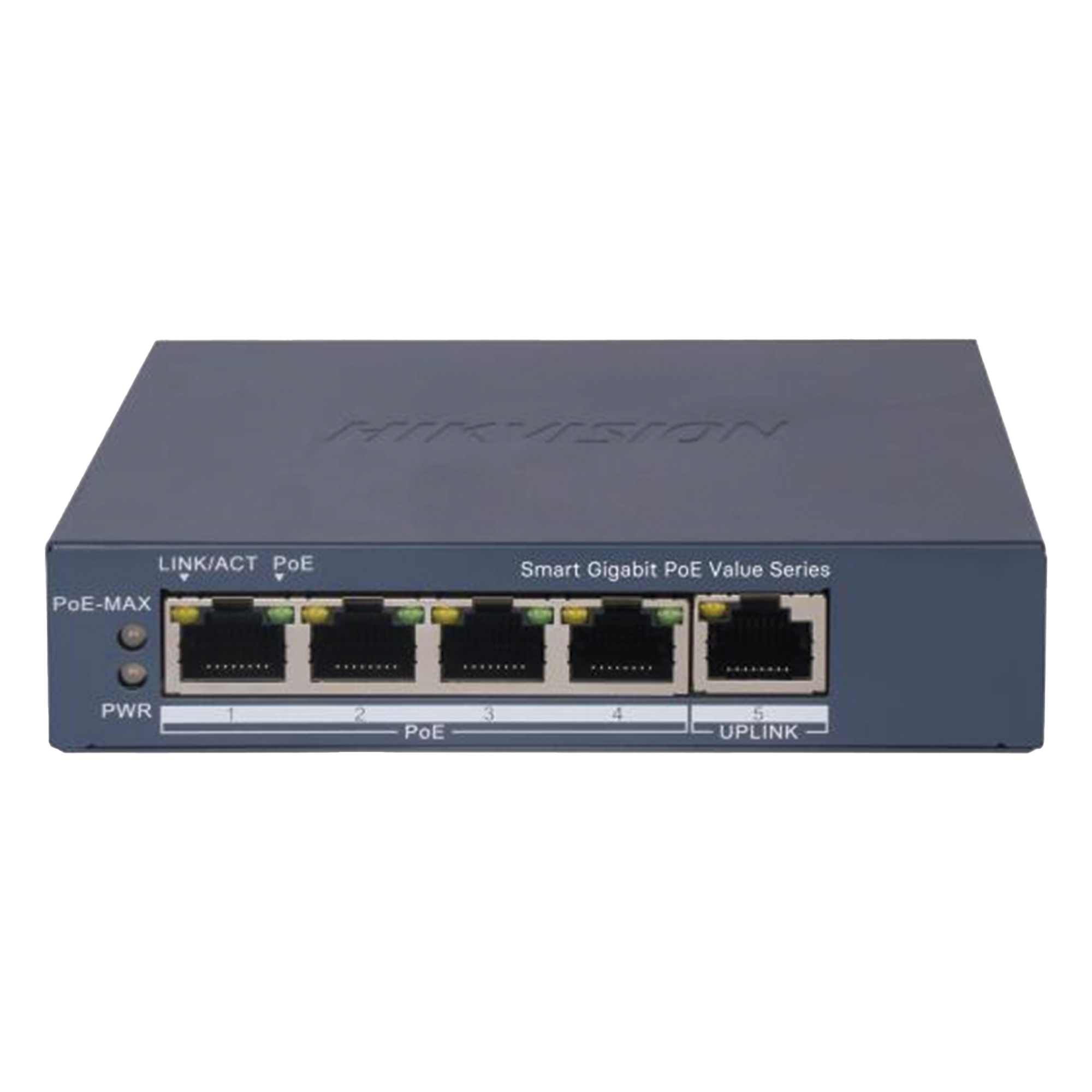 Switch PoE+ Gigabit / 4 Puertos PoE+ / 1 Puerto Uplink / Monitoreable / Alcance Extendido 300 m (984.3 ft) / 45 W / Gestión Cloud — HIKVISION · SKU DS-3E1505P-EI/M