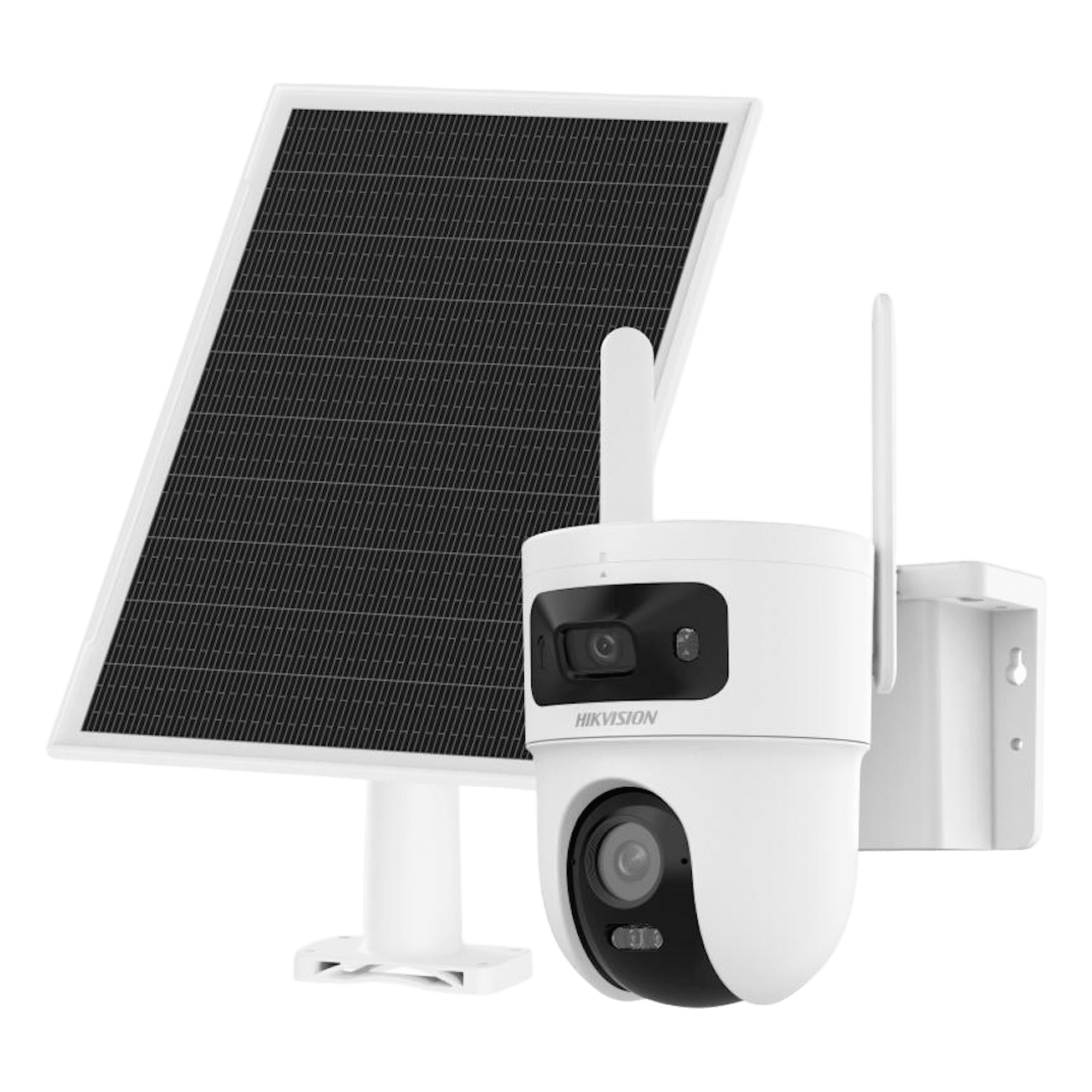 Cámara Solar IP Dual / 4 Megapixel / Doble Lente PT 4 mm + Fijo 2.8 mm / AOV 24/7 / 4G LTE / Dual Light 30 m (98.4 ft) / IP66 — HIKVISION · SKU DS-2CFSP8-D/4G/LA