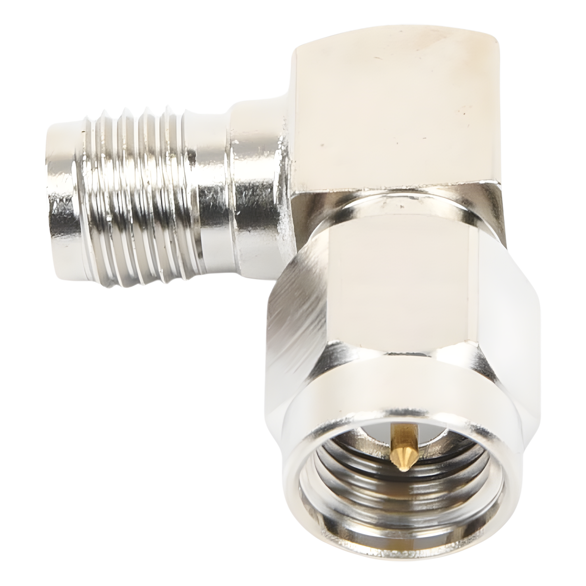 Adaptador RF Coaxial / Ángulo Recto / SMA Macho a SMA Hembra / Cuerpo Bronce Niquelado / Contacto Oro / Aislante Teflón