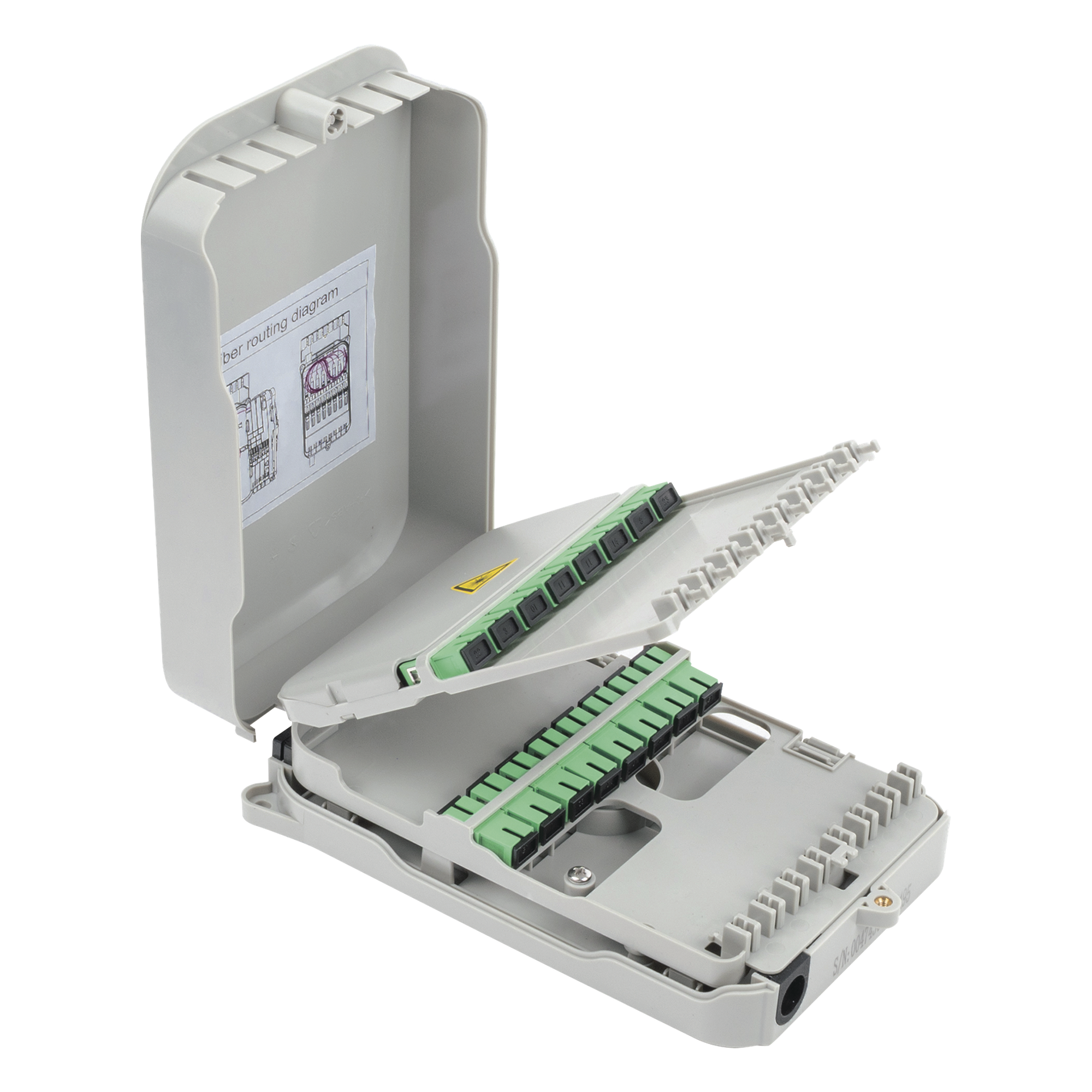 Caja Terminal de Fibra Óptica / 16 Empalmes / 16 Acopladores SC/APC / 16 Salidas Drop / Montaje en Pared / Interior — FIBERHOME · SKU FTB-523-SCA