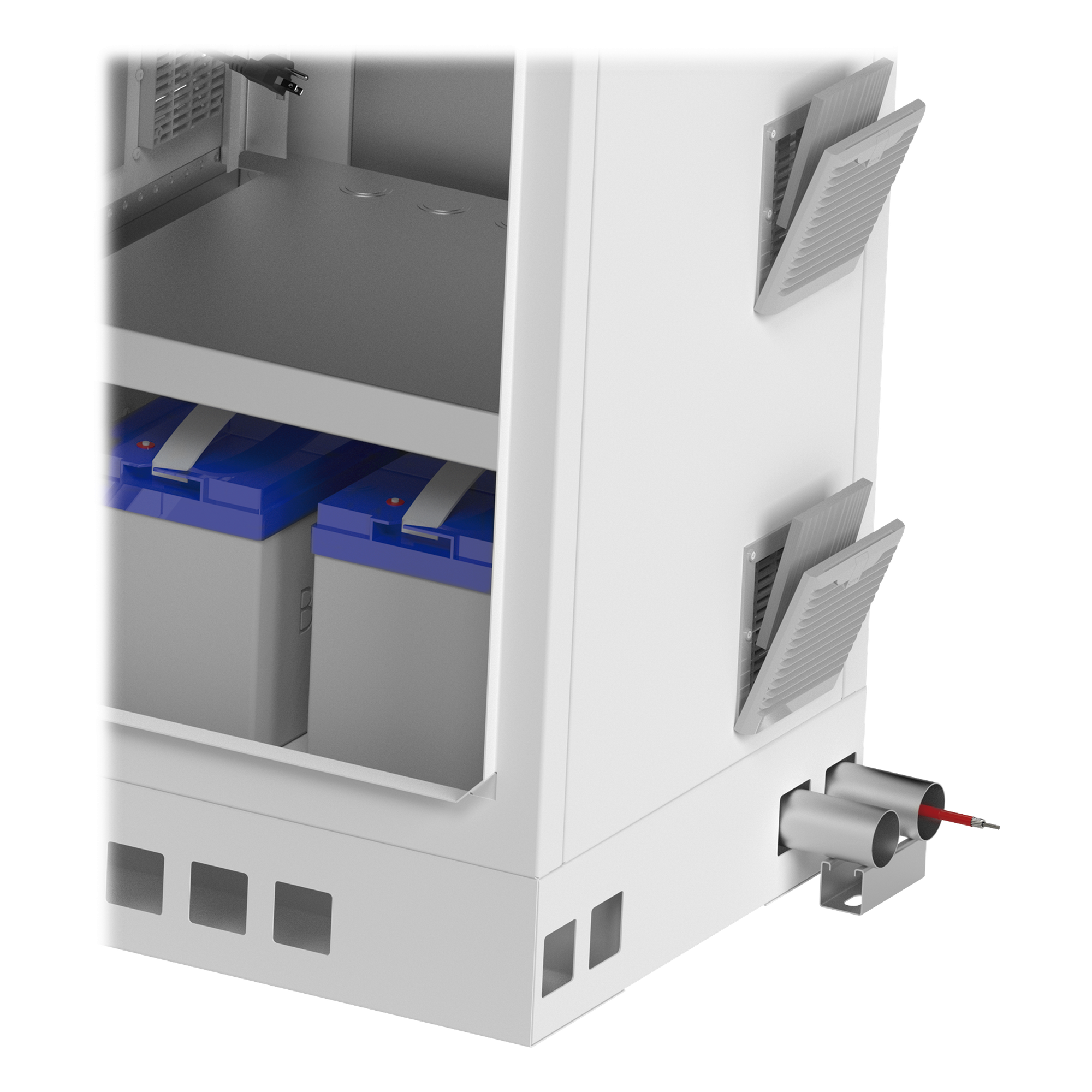 Gabinete de Piso Exterior / Rack 19" 16 U / Ventiladores con Termostato / IP-54 / Espacio para 2 Baterías / 110 VCA / 600 x 1429 x 5 mm
