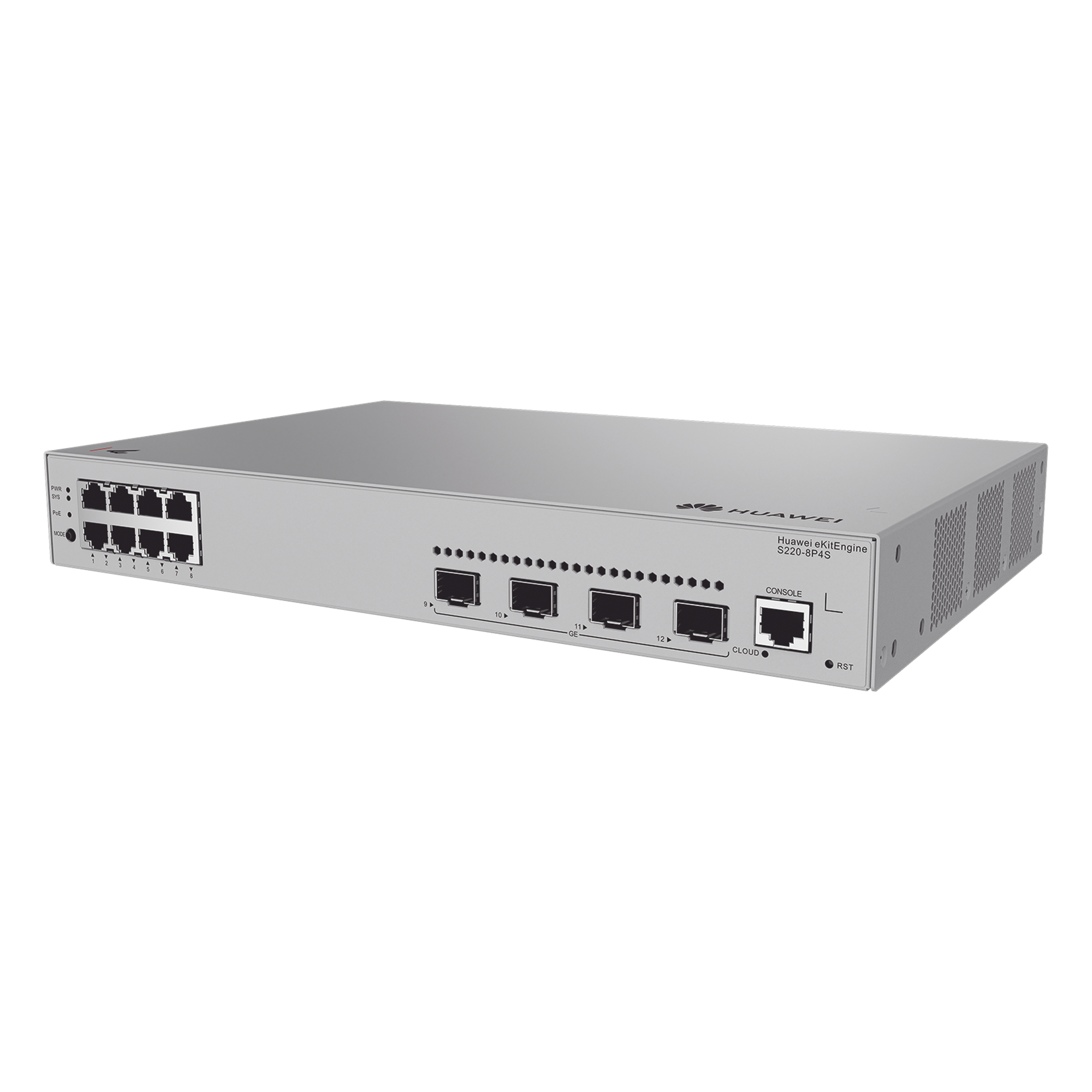 Switch Administrable Capa 2 / 8 Puertos PoE+ Gigabit / 4 SFP Uplink / PoE Perpetuo / 125 W / 18 Mpps / 24 Gbps / 1.52 ft x 1.03 ft x 0.69 ft — HUAWEI · SKU S220-8P4S