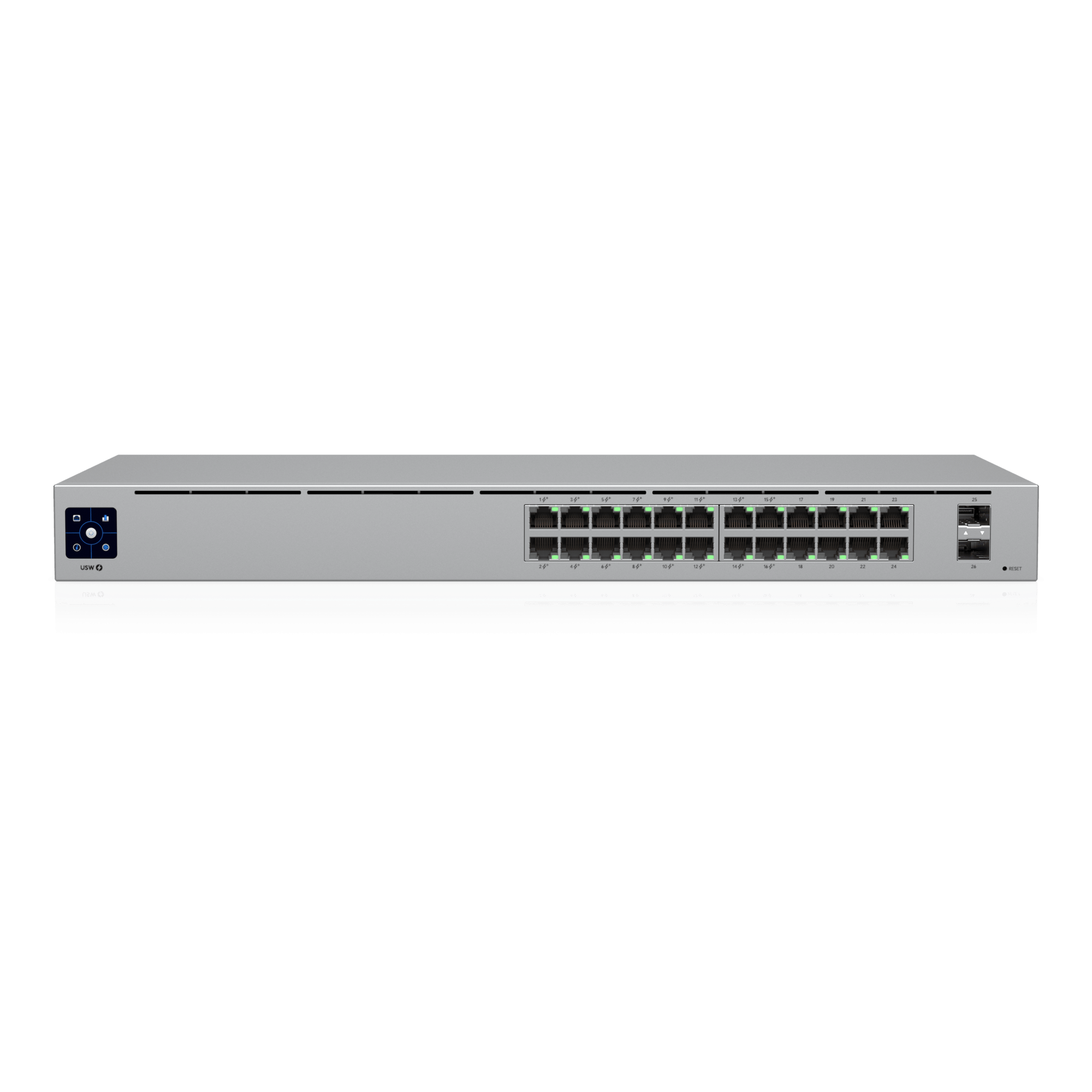 Switch Capa 2 / 24 Puertos Gigabit / 16 Puertos PoE+ / 95W Total / 2 Puertos SFP 1G / Sin Ventilador / 52 Gbps Switching Capacity — UBIQUITI · SKU USW-24-POE