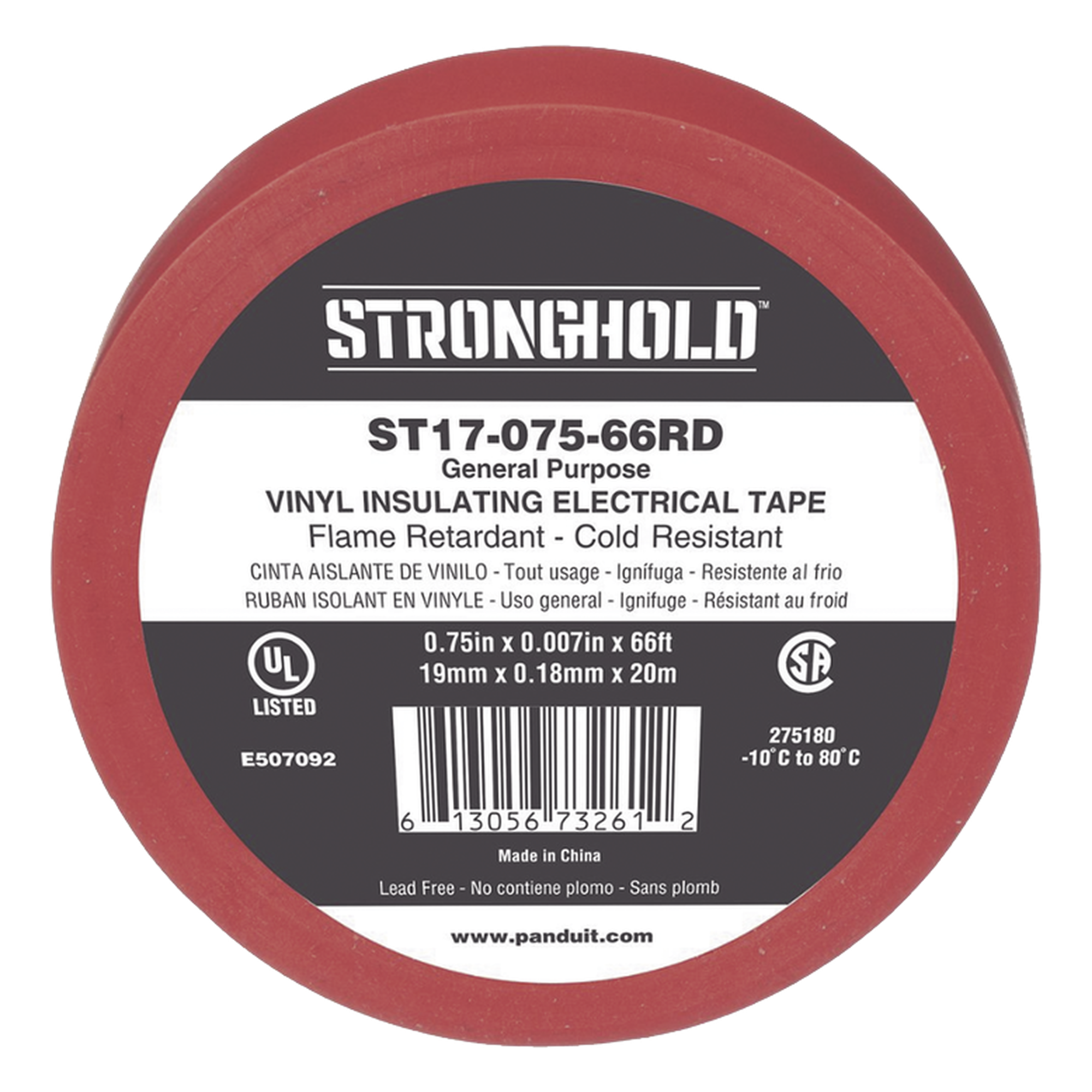 Cinta Aislante Eléctrica / PVC 0.18 mm / 19 mm Ancho / 20.12 m (66 ft) Largo / 600V / -10°C a 80°C / Rojo — PANDUIT · SKU ST17-075-66RD