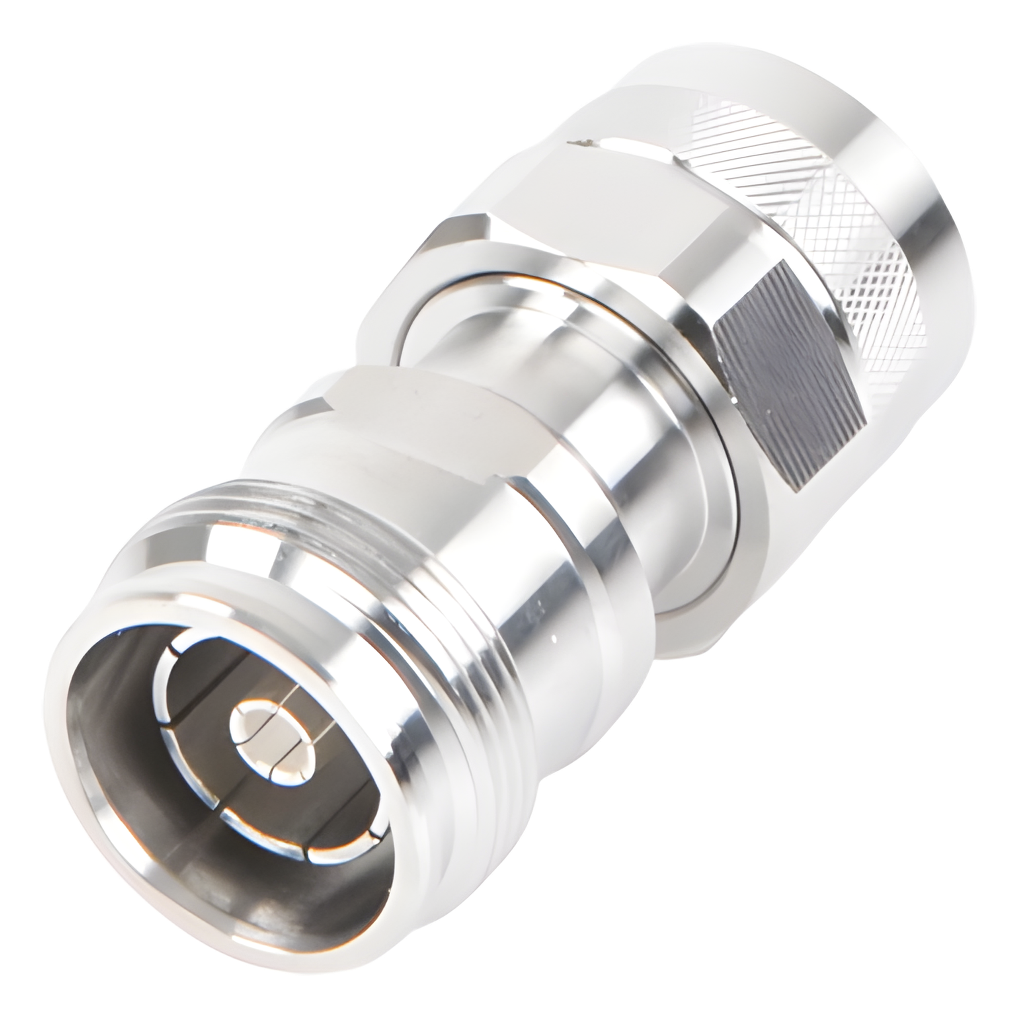 Adaptador RF en Línea / 4.3-10 Hembra a N Macho / 50 Ohm / 5,500 MHz / VSWR 1.10:1 / PIM -160 dBc