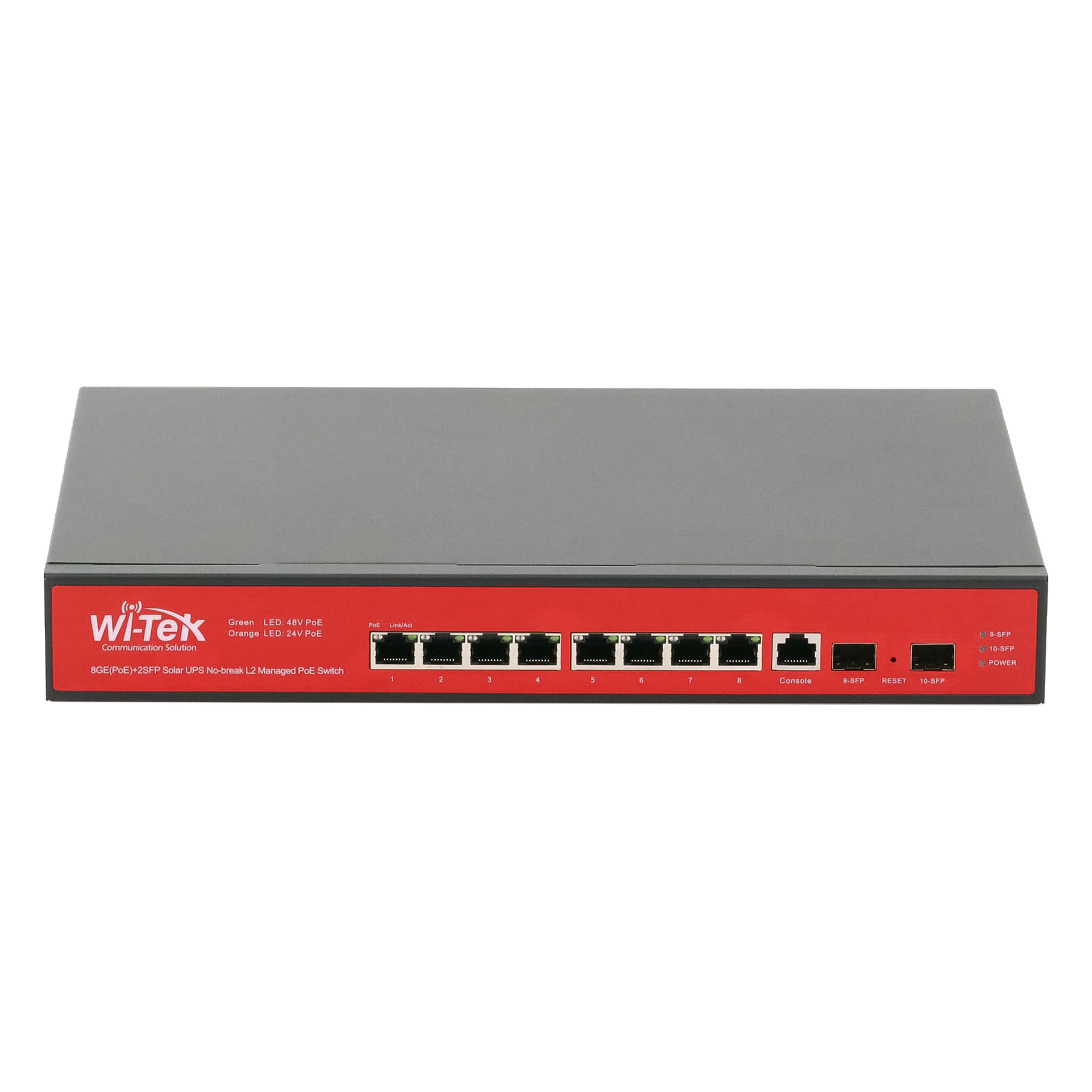 Switch Administrable Capa 2 / 8 Puertos PoE Gigabit / 2 SFP / Respaldo Solar 500 W / Protección 6 kV / 20 Gbps — WI-TEK · SKU WI-PMS310GF-UPS-PLUS