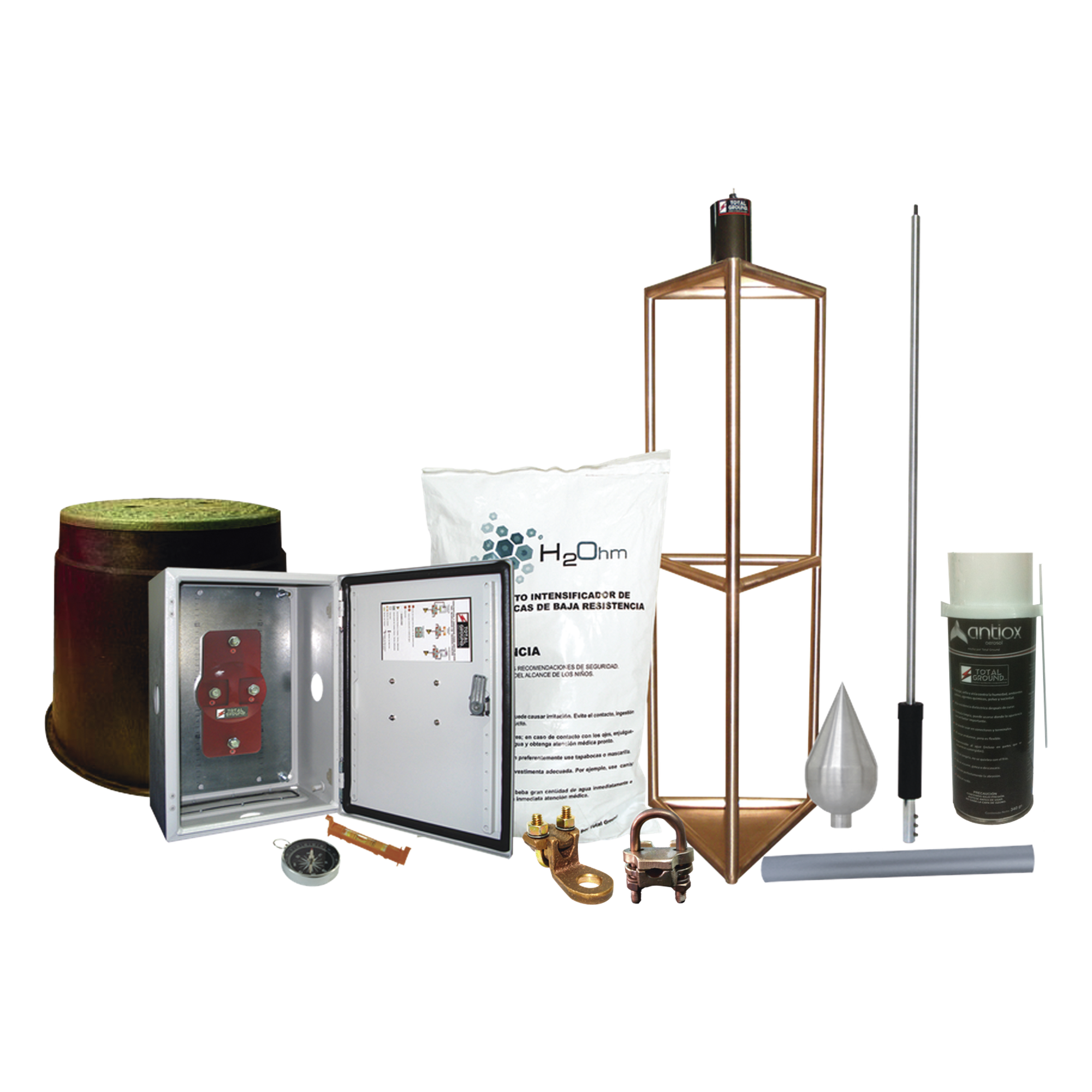 Sistema de Protección Contra Tormentas Eléctricas / 300 m (984.3 ft) de Diámetro / Punta de Aluminio de Alta Conductividad / Electrodo 1000 A / Kit con Accesorios de Instalación — TOTAL GROUND · SKU KITMASTER05T