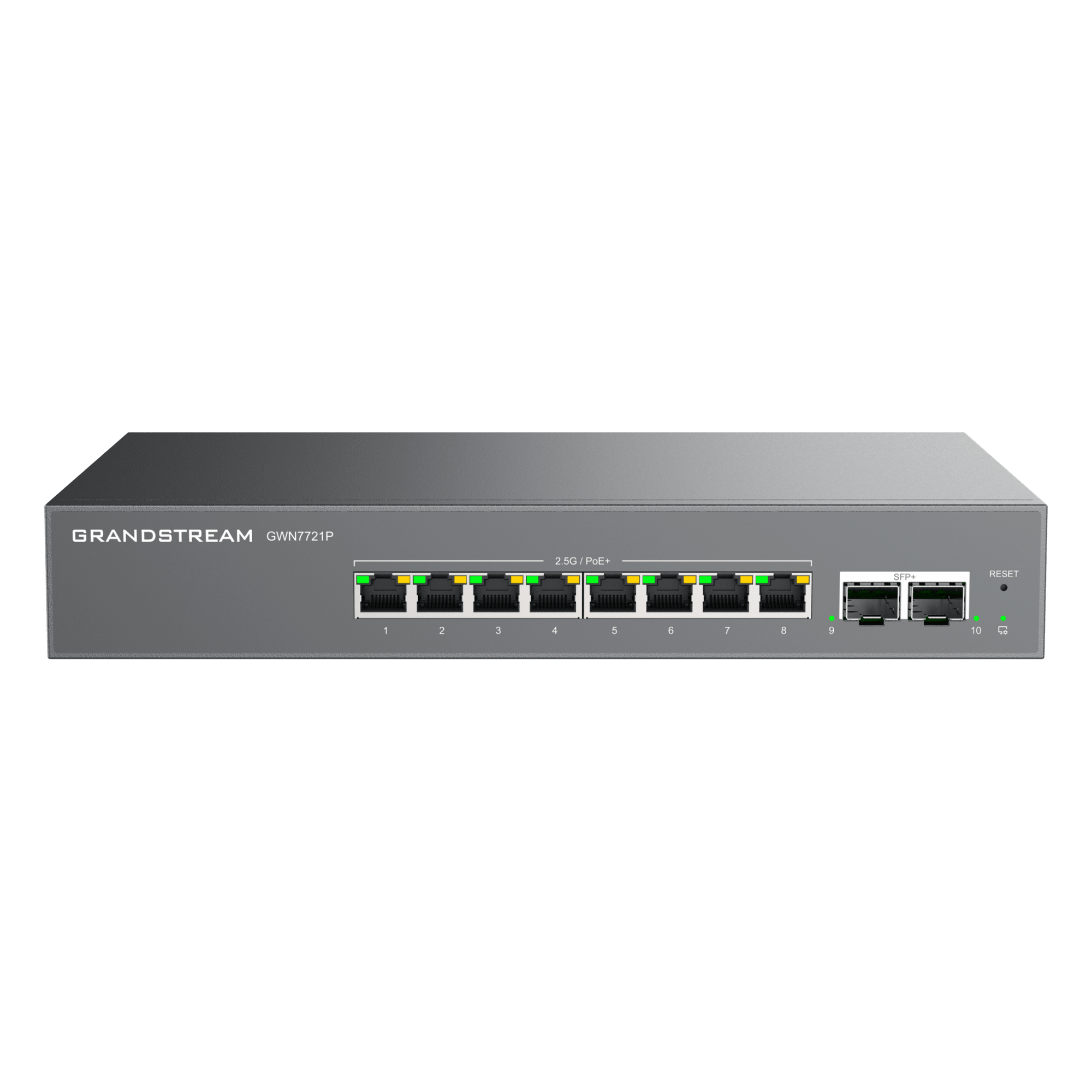 Switch L2 Lite Administrable de 10 Puertos / 8 Puertos Ethernet 2.5 Gbps / 2 Puertos SFP+ 10 Gbps / PoE+ 802.3af/at / VLAN 802.1Q / QoS / IGMP Snooping / Montaje Escritorio, Pared o Rack 19" (0.48 m) — GRANDSTREAM · SKU GWN7721P