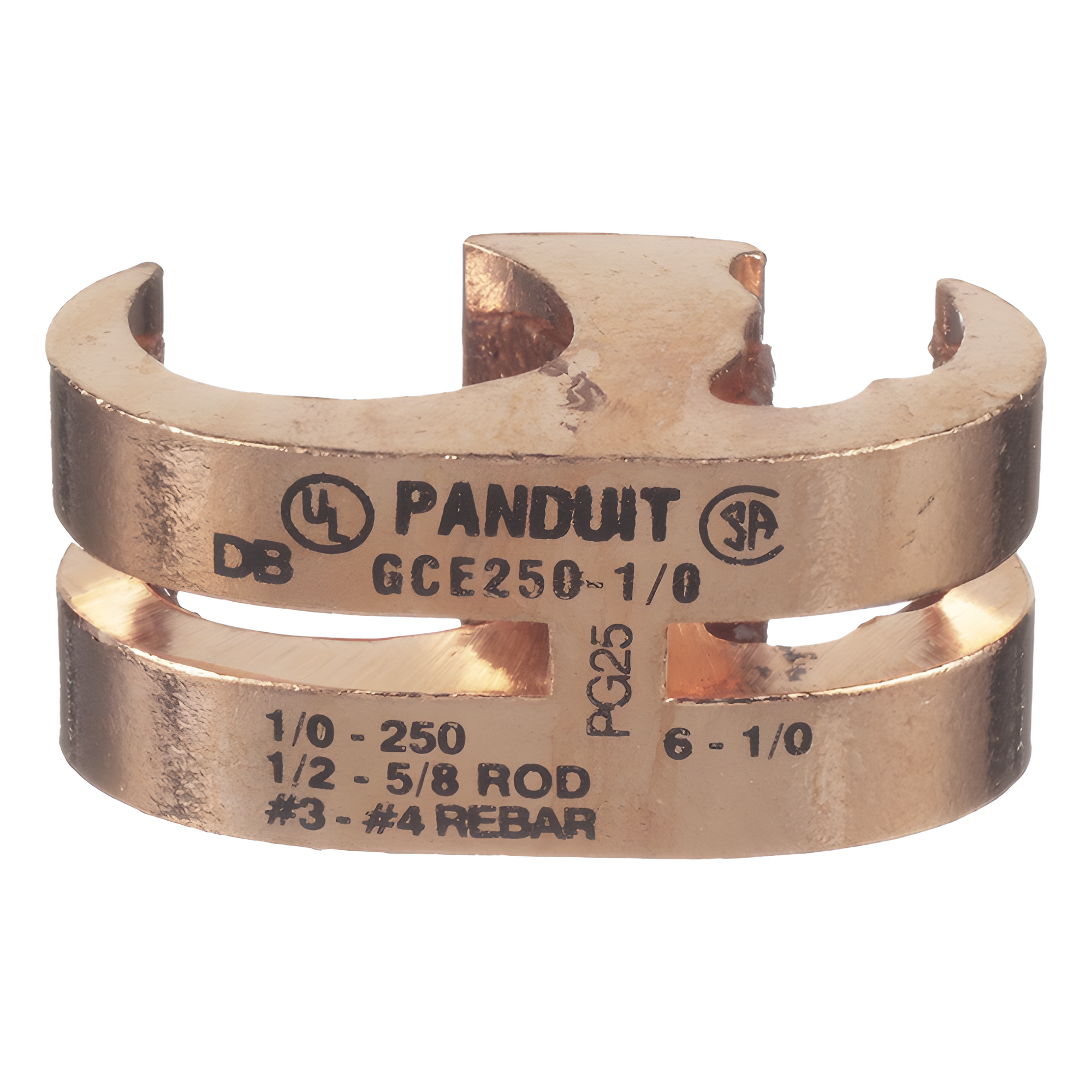 Conector de Conexión a Tierra tipo E / Cobre 6 AWG SOL a 1/0 AWG STR (16–50 mm²) / Diseño Multiconductor / UL467 y CSA / IEEE 837-2002 — PANDUIT · SKU GCE1/0-1/0-L