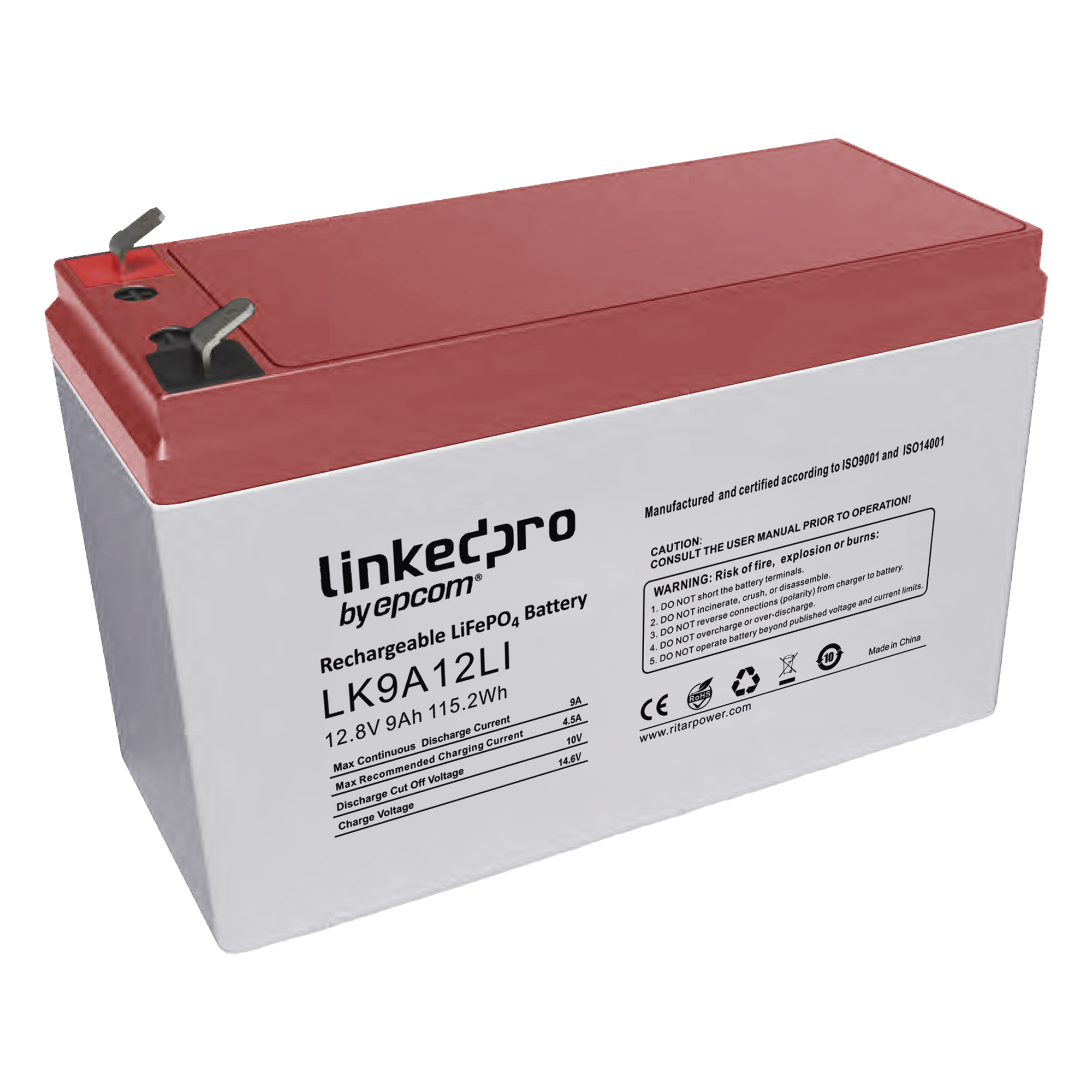 Batería de Litio LiFePO4 / 12.8 Vcc / 9 Ah / 115.2 Wh / 2000 Ciclos / Terminales F2 — LINKEDPRO BY EPCOM · SKU LK9A12LI