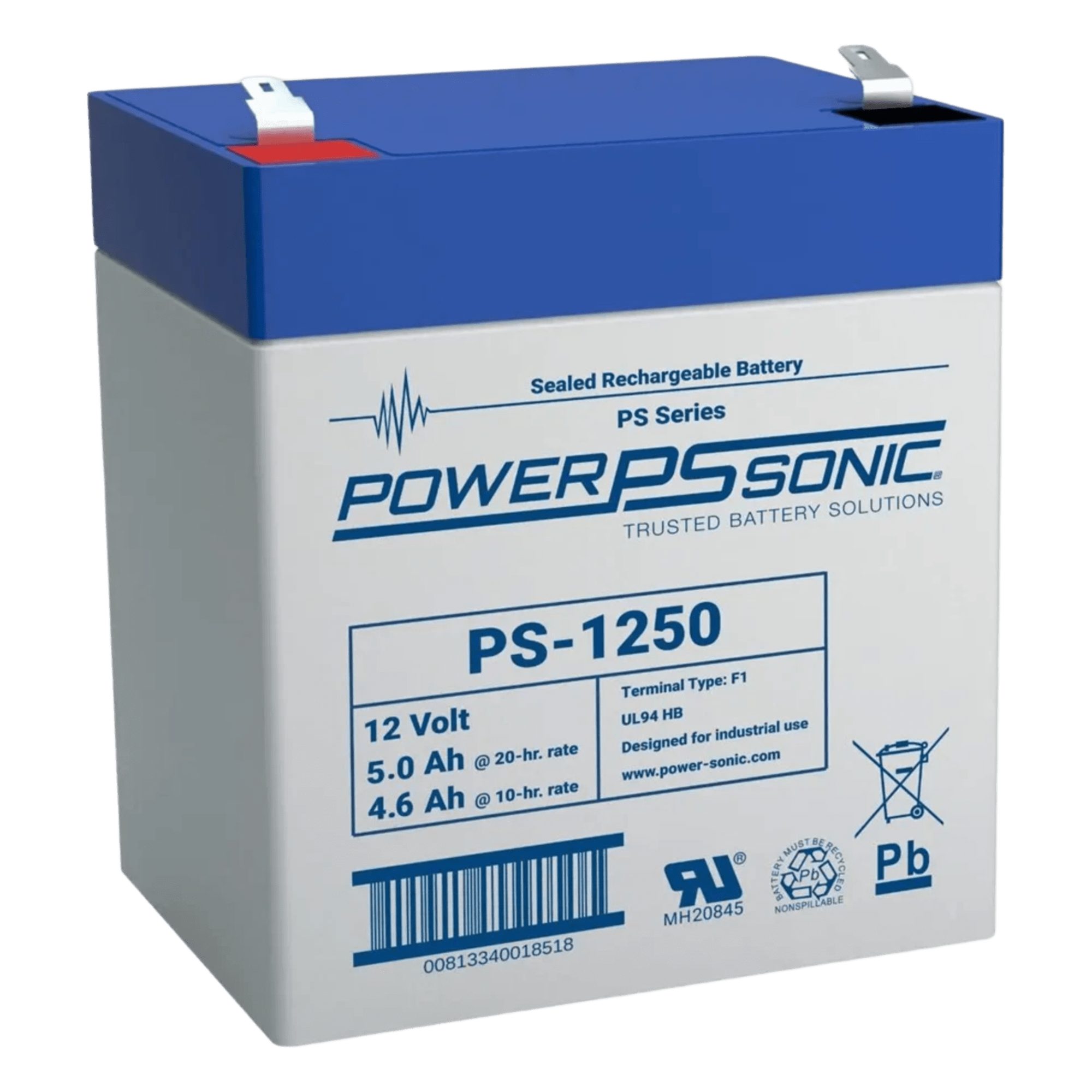Batería de Respaldo AGM/VRLA / 12V / 5.0 Ah / Terminales F1 / Vida Útil 5 Años / Caja ABS Resistente — POWER SONIC · SKU PS-1250-F1