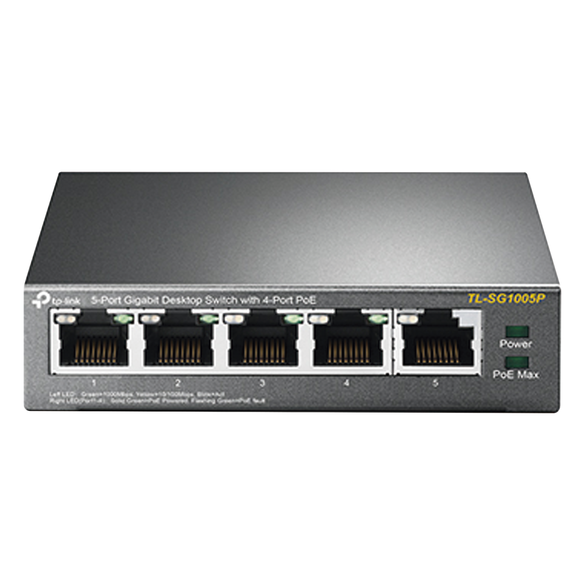 Switch de Escritorio / 5 Puertos Gigabit / 4 Puertos PoE 802.3af/at 65W / PoE Extendido 250m (820 pies) / Sin Ventilador — TP-LINK · SKU TL-SG1005P