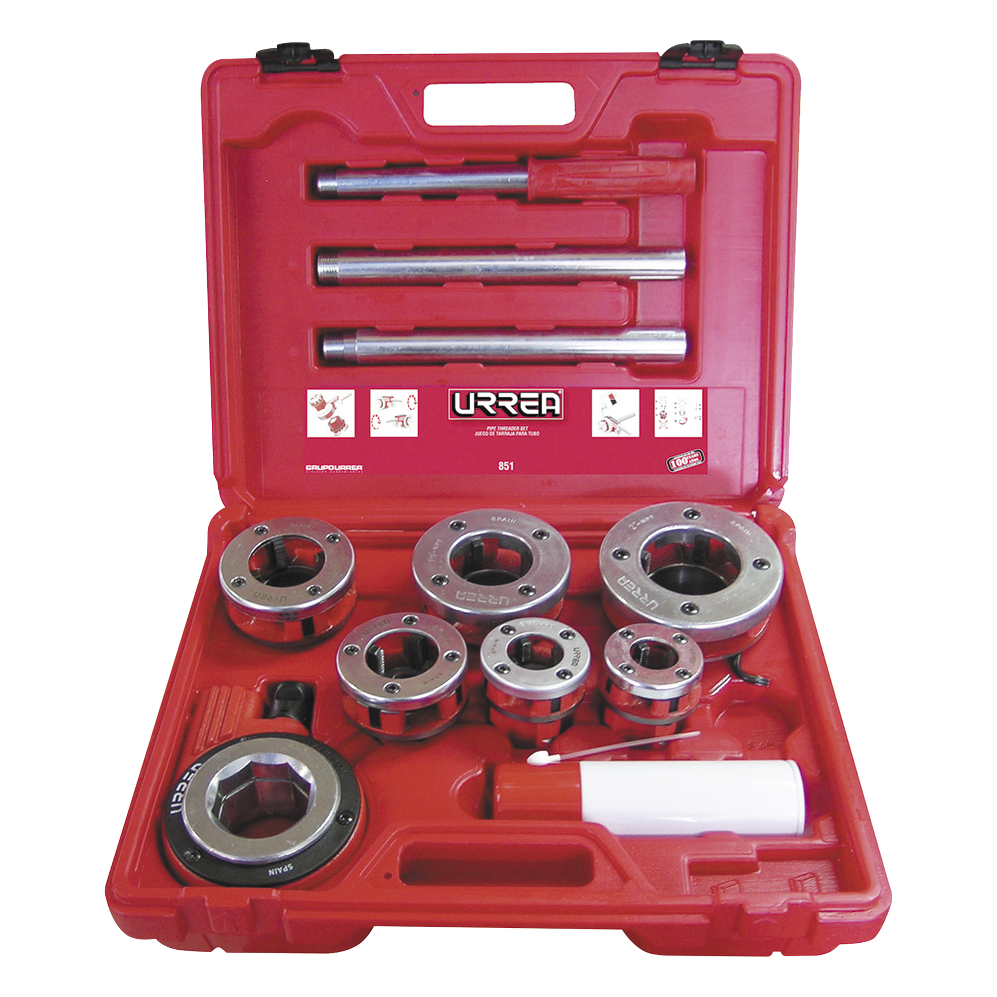 Juego de Tarraja para Tubo / 9 Piezas / Rosca Derecha NPT 1/2" a 2" / Portafolio Plástico Rígido / Incluye Aceite Lubricante — URREA · SKU SYS-851