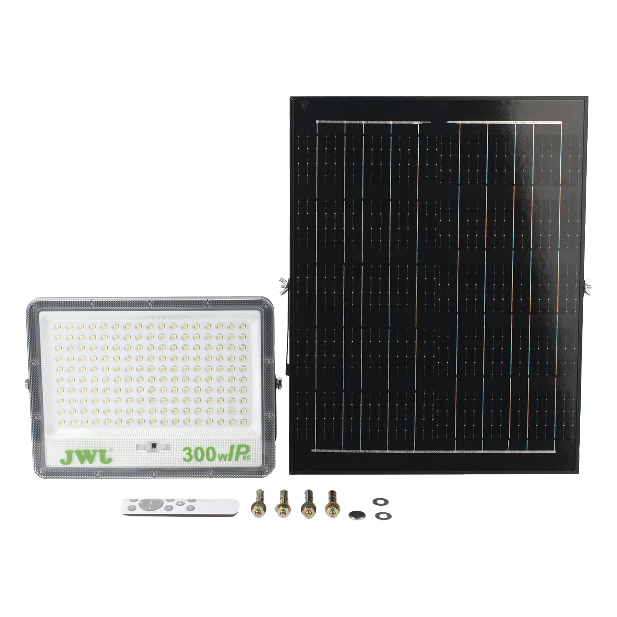Reflector LED Solar / 300 W / Luz Blanca 6500 K / Ángulo 120° / IP65 / Control Remoto / Panel Solar Incluido